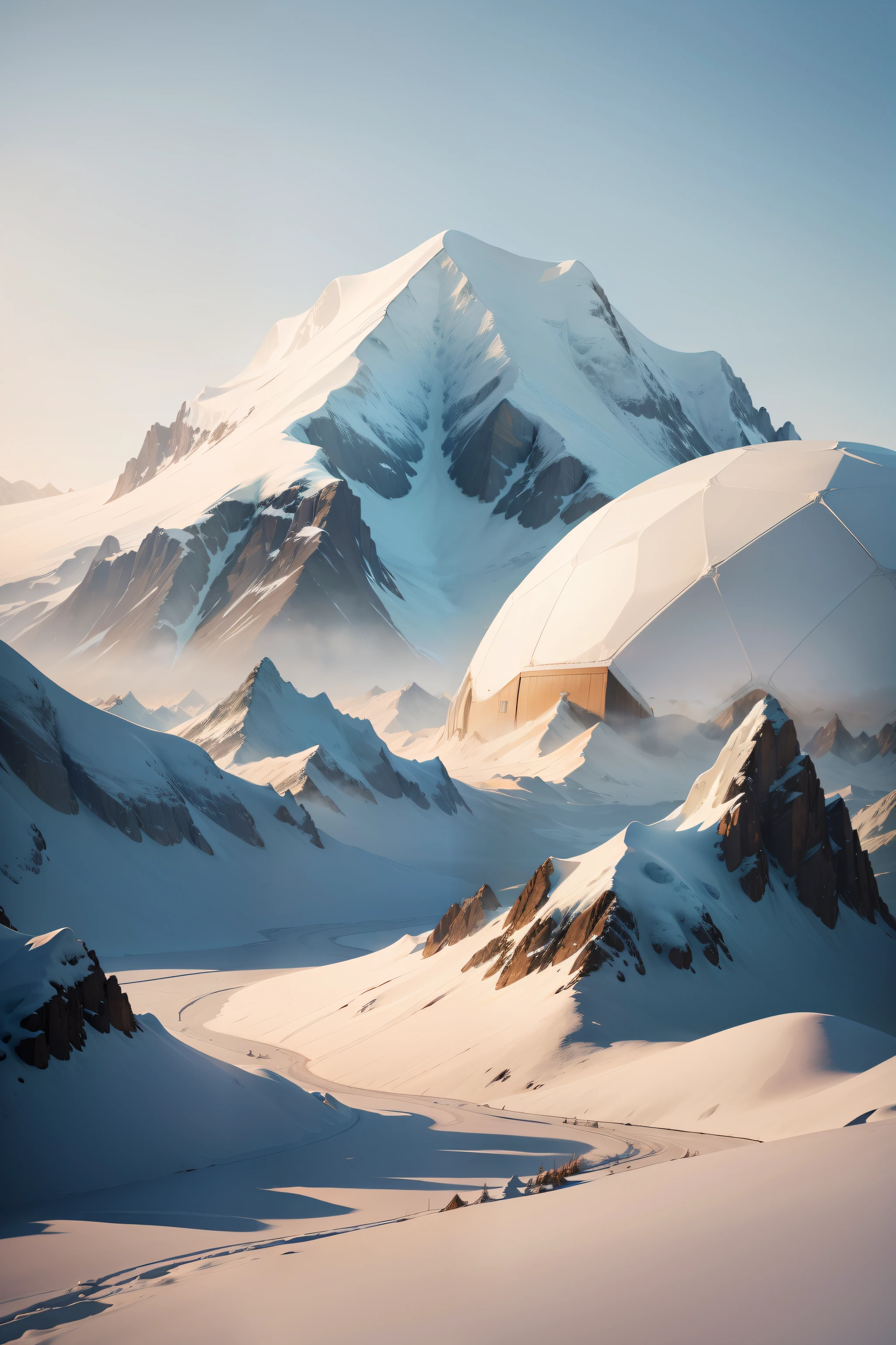 ice field，snow mountains，Huge frozen domes between snow-capped mountains，tmasterpiece