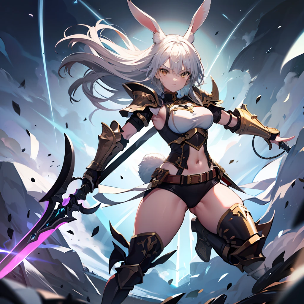 (highres, best quality), far from frame, depth of field, Adult female, (detailed, highly detailed), soft lighting, (color_contrast), Long white hair, undercut hair style, brown eyes, rabbit ears, rabbit tail, fitted armor, full body armor, medium breasts, brandishing a sword: longsword, silver steel on cross guard, ornament pummel, holding hilt of the sword, (detailed hands, detailed weapon), on a battlefield, looking fierce, looking determined, detailed eyes, cute, toned body, thick thighs, covered legs, muscular arms, surrounded by a malicious aura