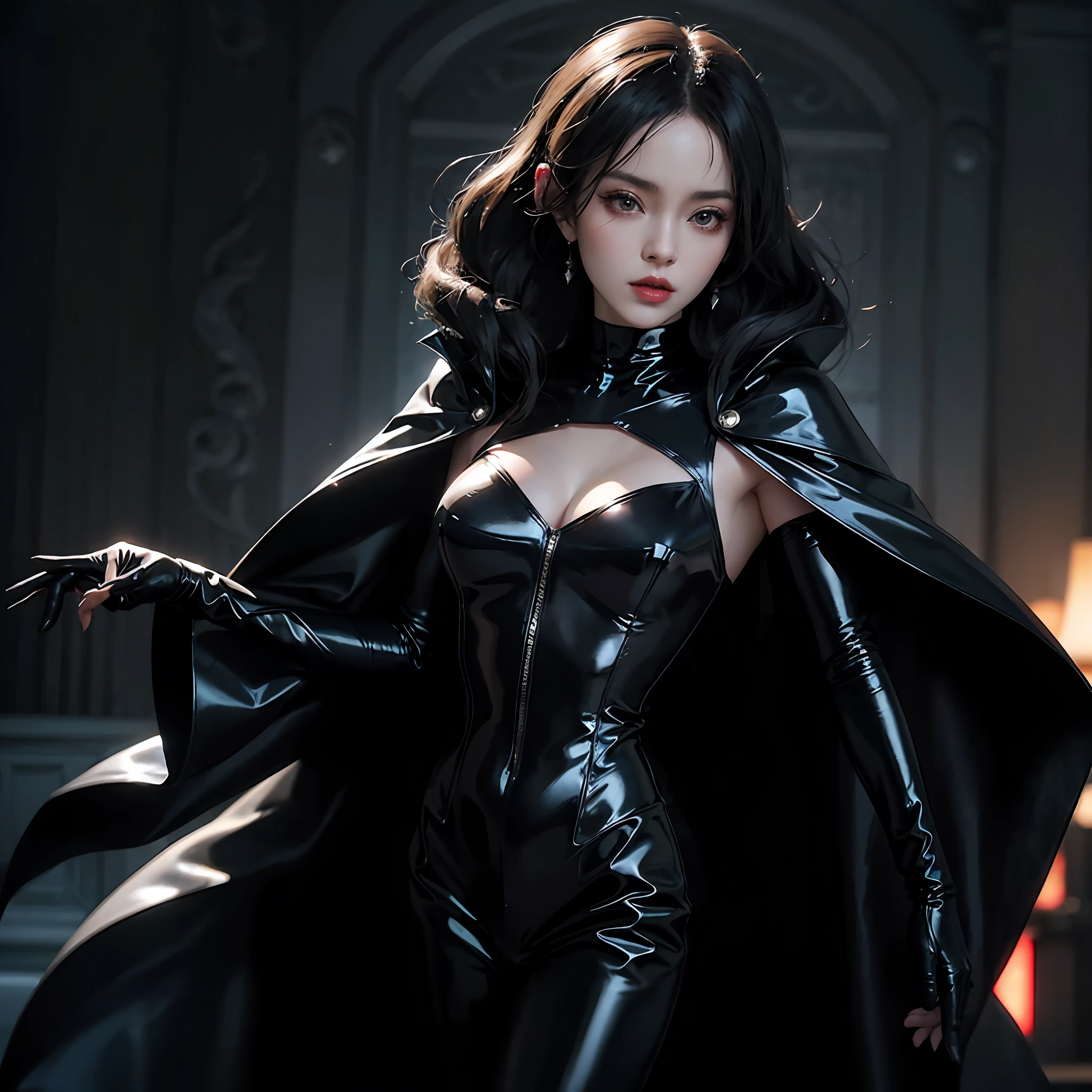 Arad woman posing for photo in black dress and cape, elegant glamourous cosplay, glamourous cosplay, wearing atsuko kudo latex outfit, wearing black latex clothing, cosplay on black harley queen, trending on cgstation, cgsociety - w 1 0 2 4 - n 8 - i, style of hajime sorayama