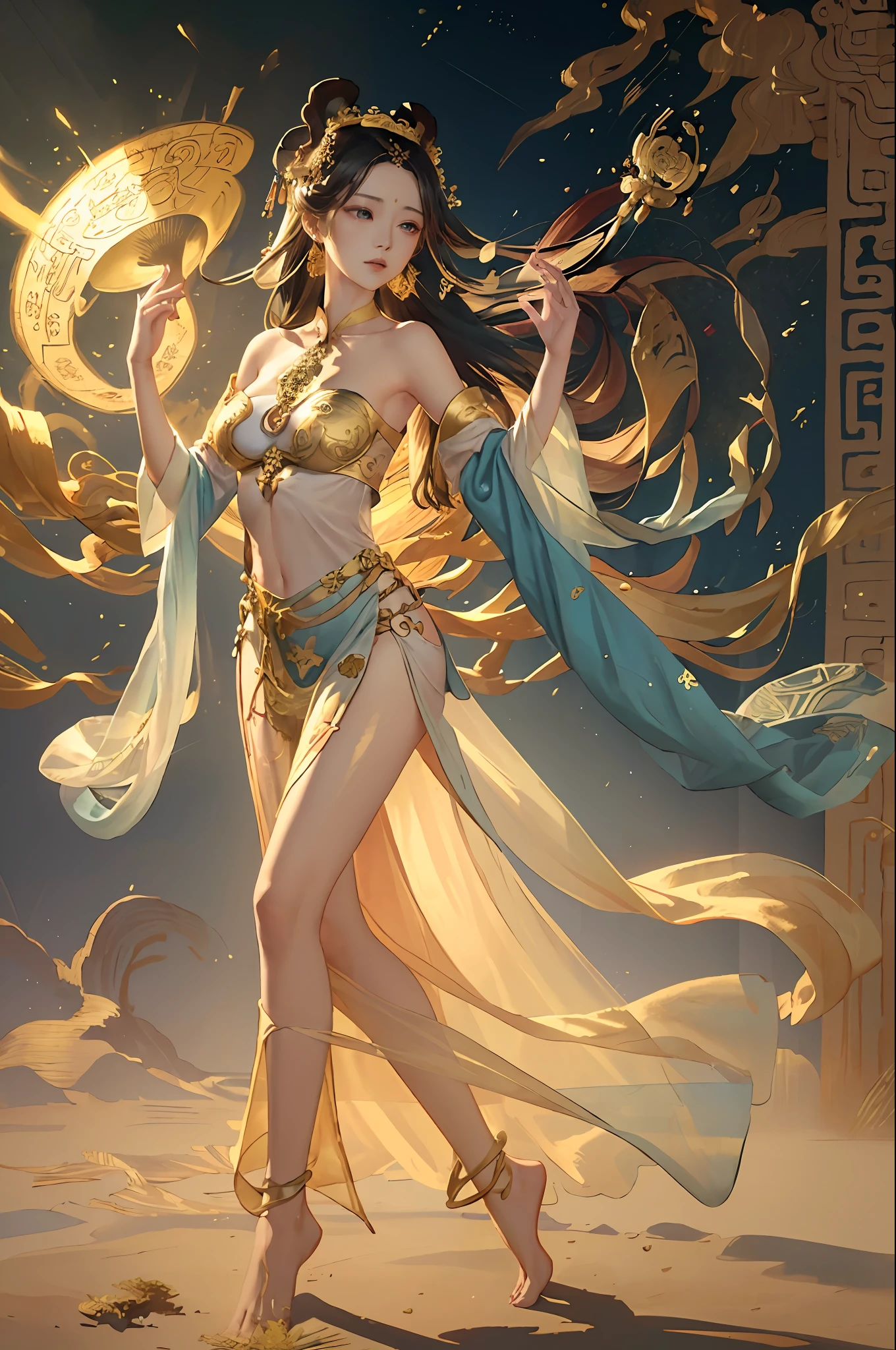 8K raw photo, Best quality, masterpiece, ultra high res, (zentangle, mandala, tangle, entangle),colorful,(photorealistic:1.4), raw photo, 1girl, offshoulder, outdoors,tall female, skinny, slim_legs, solo,(perfect body shape),holy light,gold foil,gold leaf art,glitter drawing,fly high in the sky ,(full body),long hair, (see-through:1.3), ((revealing clothes)), ((barefoot)), medium breasts, earrings, ((dress)), no bra, ((bare shoulders)), very long hair, no panties, black hair, ((detached sleeves)), ((side slit)), bare, dunhuang_cloths,dunhuang_dress,traditional chinese hair style,Traditional Chinese hair ornament,cinema,Fei Tian Ji ,Propitious Clouds,chang'e, paradox,pure,soft smile,illustration,barefoot,(pelvic curtain),playful patterns, lively texture,