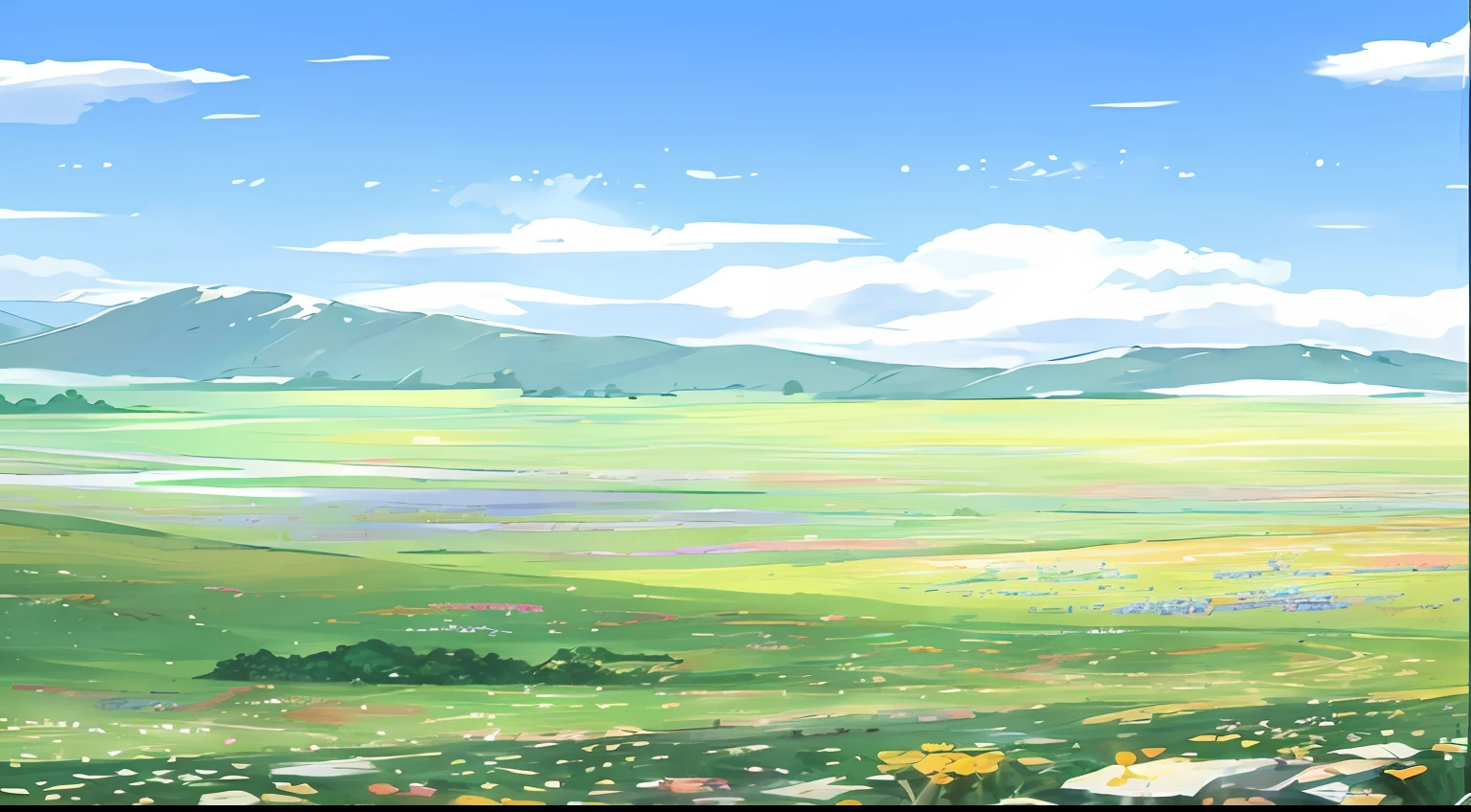 There is a field painting,Flowers and mountains in the background, anime countryside landscape, Anime landscape, beautiful anime scenery, Anime landscapes, Anime background art, anime beautiful peace scene, anime landscape wallpapers, studio glibly makoto shinkai, beautiful anime scenes, Anime landscape concept art, anime backgrounds, landscape artwork, anime movie backgrounds