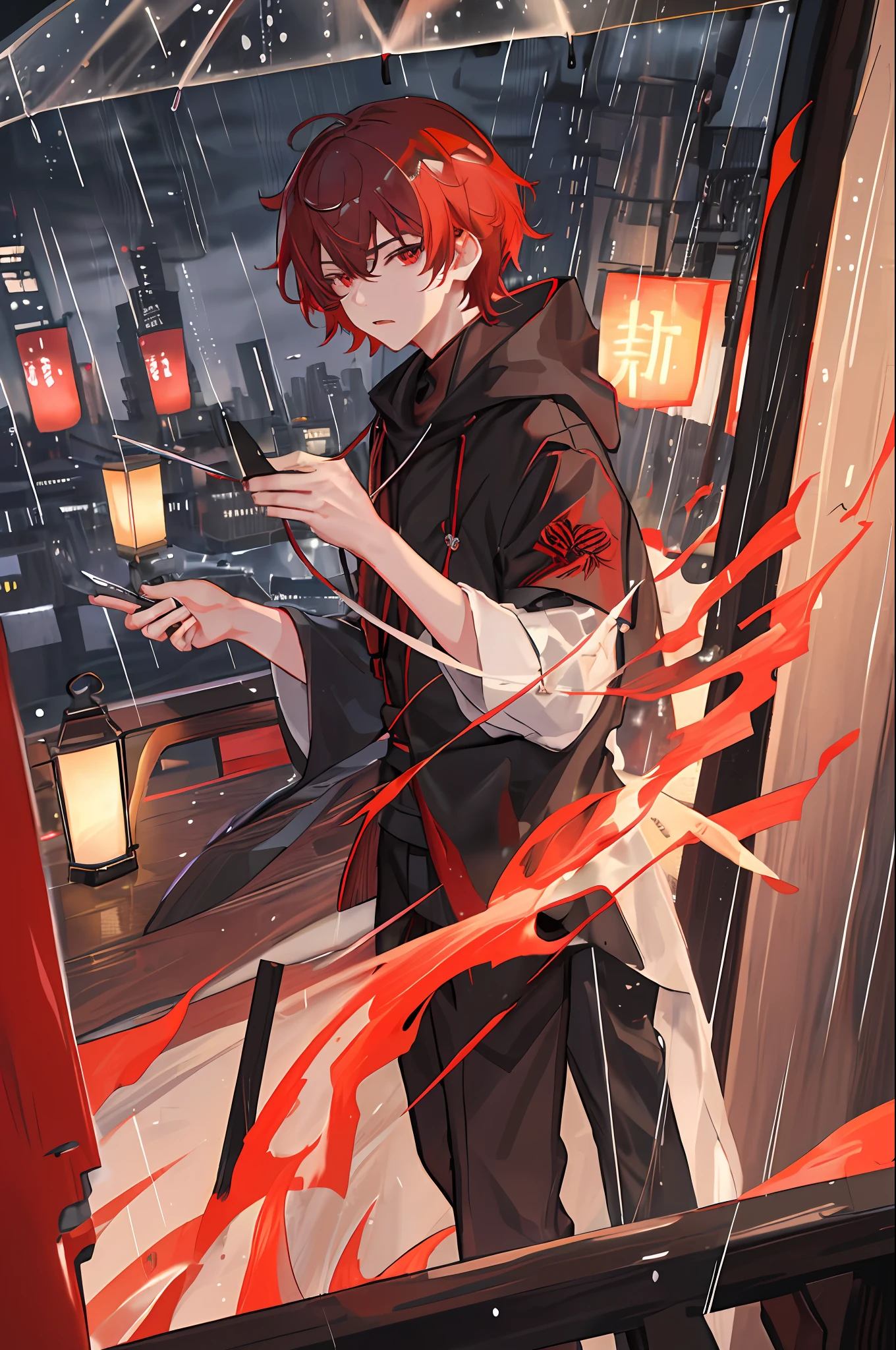 Best quality, More details, Mastery, 1boy , Male focus, Red eyes, Solo, bangs, view the viewer, Hood, Short hair, rain, tokyo tokyo \(City\),Nail polishing,whaite hair,luxury goods,8K,the detail,Ray traching,depth of fields,电影灯光,