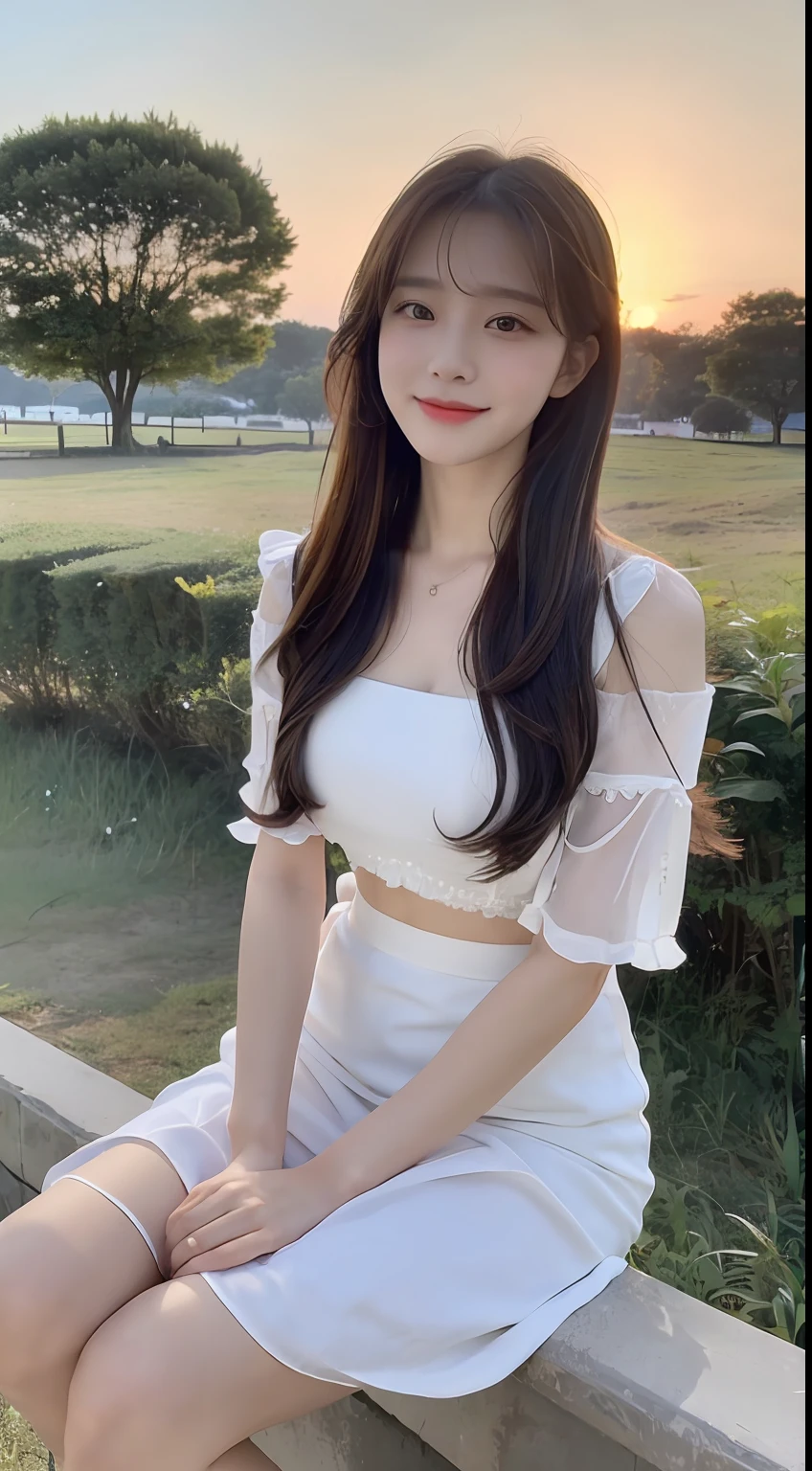 (1 Korean star with royal sister style), ((Best quality, 8K, 巨作: 1.3)), focal point: 1.2, Perfect body proportions: 1.4, (Make a smile), (Sunset: 1.3), Watery eyes, Highly Detailed Face and Skin Textur, Fine eyes, Double eyelids, Whitens the skin, (long whitr hair, Air bangs: 1.3), (Round face inches: 1.5), (White chiffon skirt: 1.4), (Sketch 1:2,)rural landscape。 Take photos while sitting in a medium-to-long distance pose。