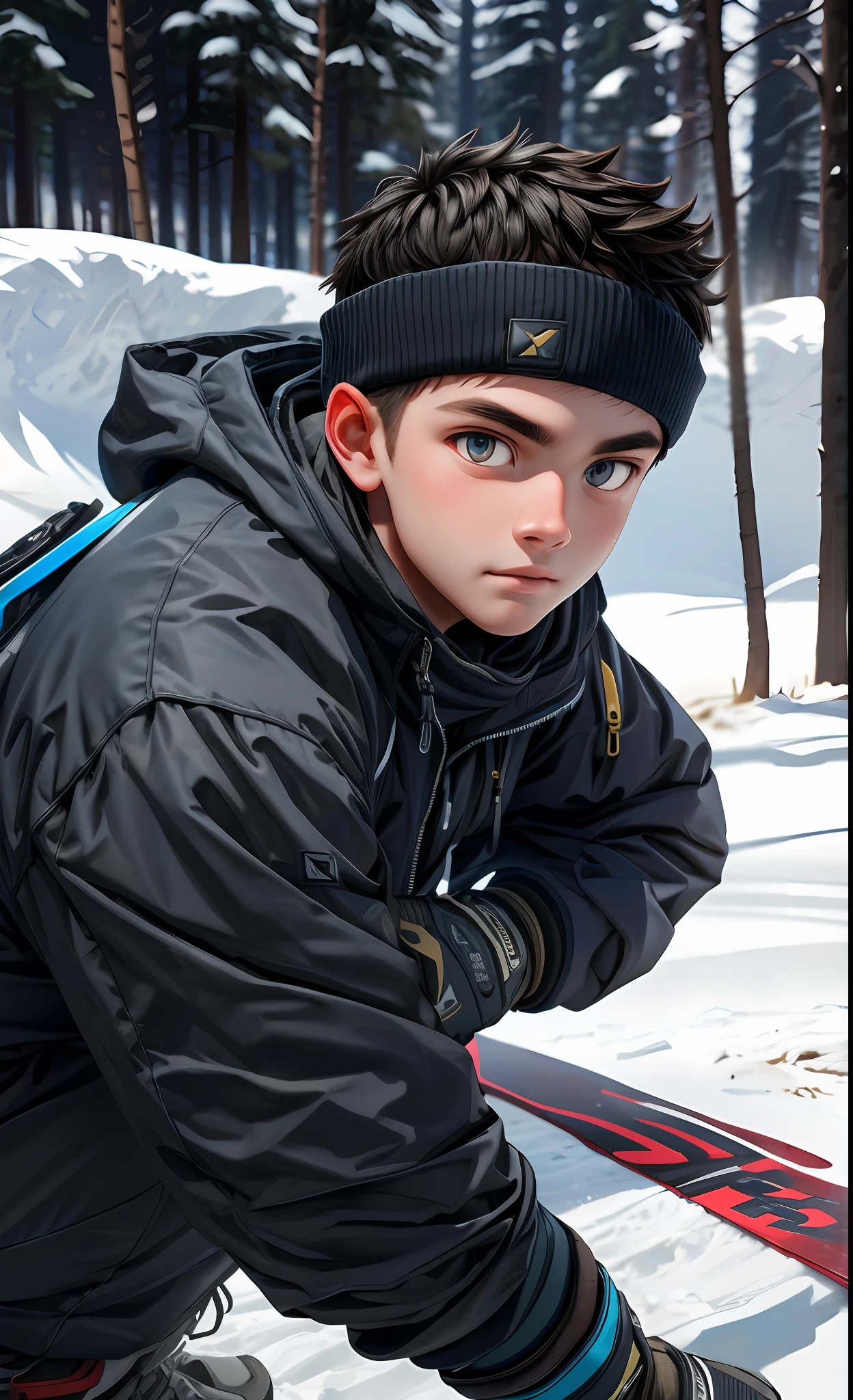 1boy wearing on a snowy ski piste, hyperrealism, highly detailed background, 8k uhd, dslr, soft lighting, high quality, film grain, Fujifilm XT3, HD, Sharp, OverallDetail, 3d, oc rendering, unreal engine, detailed face, detailed skin, detailed eyes, realistic,