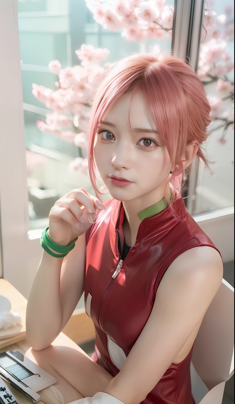 (( 1 girl )), (( sakura haruno)), ((red clothes )), (( pink hair )), (( short hair )), (( red bando)), (( green eyes)) ((Best quality)), ((masterpiece)), (detailed:1.4), 3D, an image of a beautiful cyberpunk female,HDR (High Dynamic Range),Ray Tracing,NVIDIA RTX,Super-Resolution,Unreal 5,Subsurface scattering,PBR Texturing,Post-processing,Anisotropic Filtering,Depth-of-field,Maximum clarity and sharpness,Multi-layered textures,Albedo and Specular maps,Surface shading,Accurate simulation of light-material interaction,Perfect proportions,Octane Render,Two-tone lighting,Wide aperture,Low ISO,White balance,Rule of thirds,8K RAW,