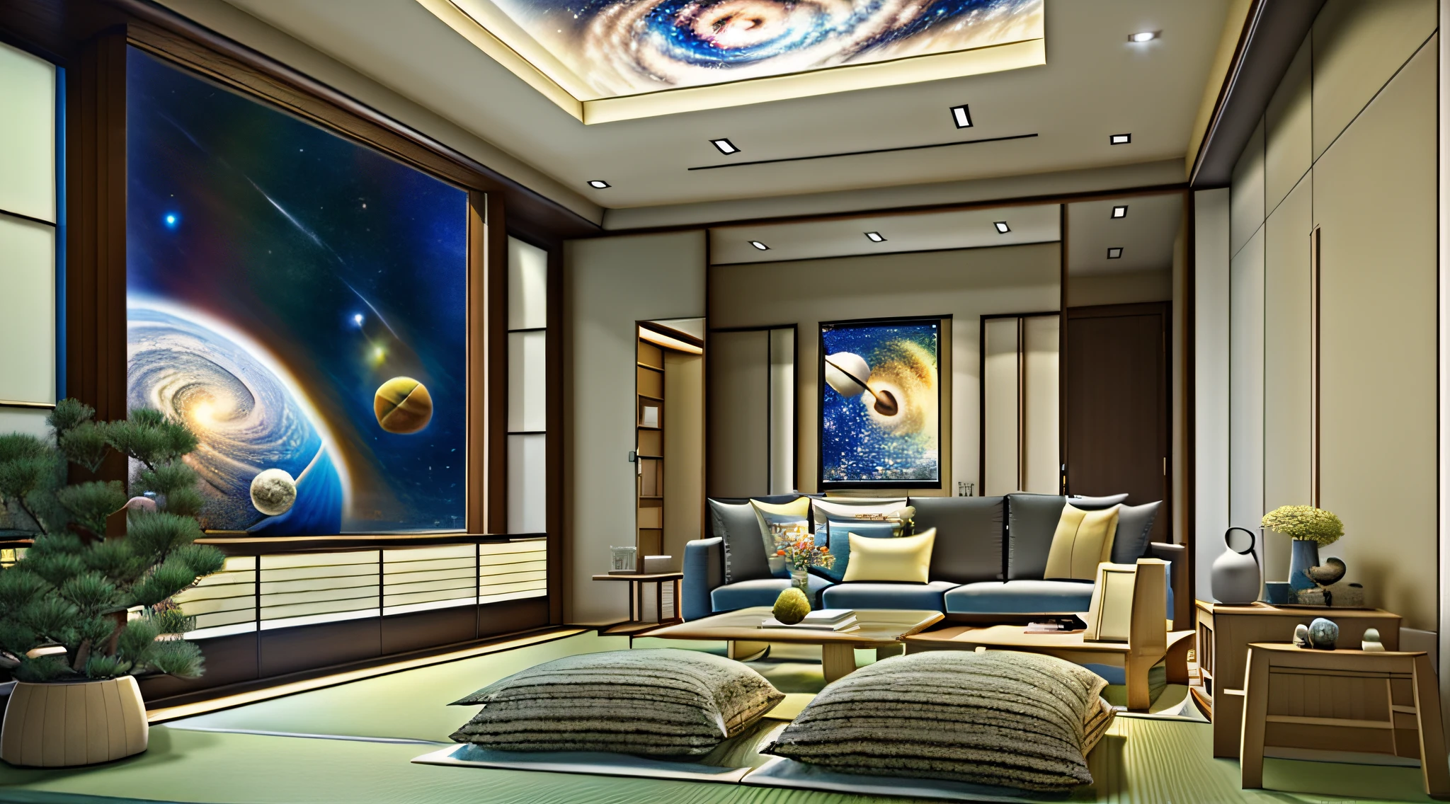 Modern living room design、The floor and ceiling are transparent so that you can see outer space.、A Japanese style、jpn、cosmic space、​masterpiece、realisitic、８K、LAW