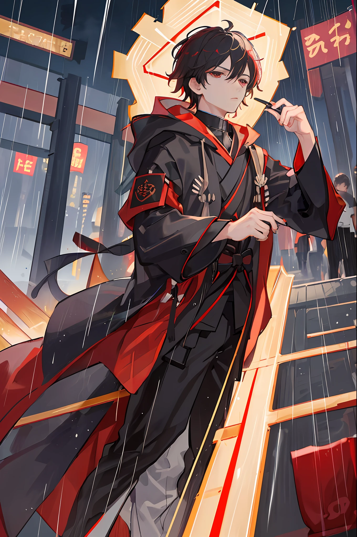 Best quality, More details, Mastery, 1boy , Male focus, Red eyes, Solo, bangs, view the viewer, Hood, Short hair, rain, tokyo tokyo \(City\)，Nail polishing，whaite hair，luxury goods，8K，the detail，Ray traching，depth of fields，电影灯光，