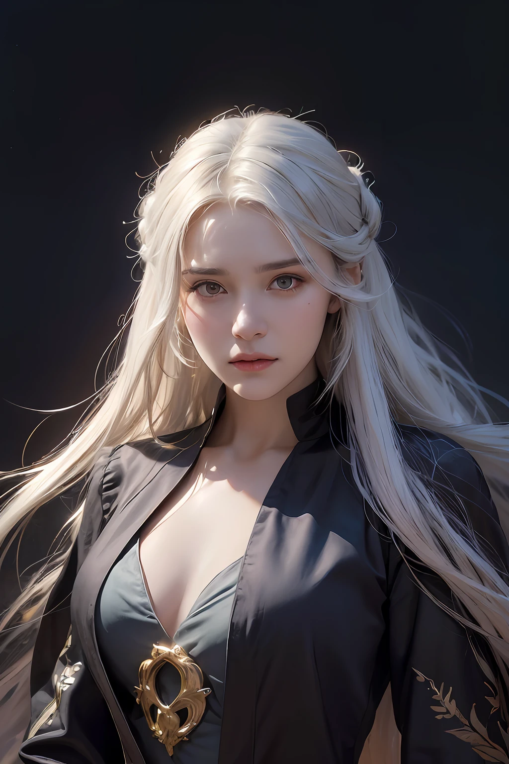 Hyperrealist portrait of female by david hockney and alphonse mucha,fantasy art, photo realistic, dynamic lighting, artstation, poster, volumetric lighting, very detailed faces, 4 k, award winning,, 1girl, in the dark, deep shadow, low key,cowboy shot,(official clothing:1.4) ,long hair,white hair,