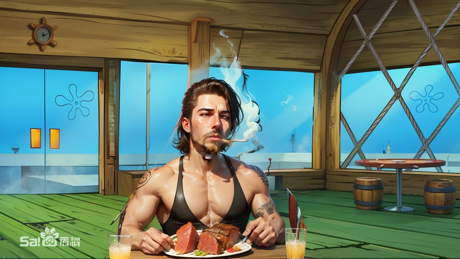 Smoking, drinking, scalding, eating meat with a knife