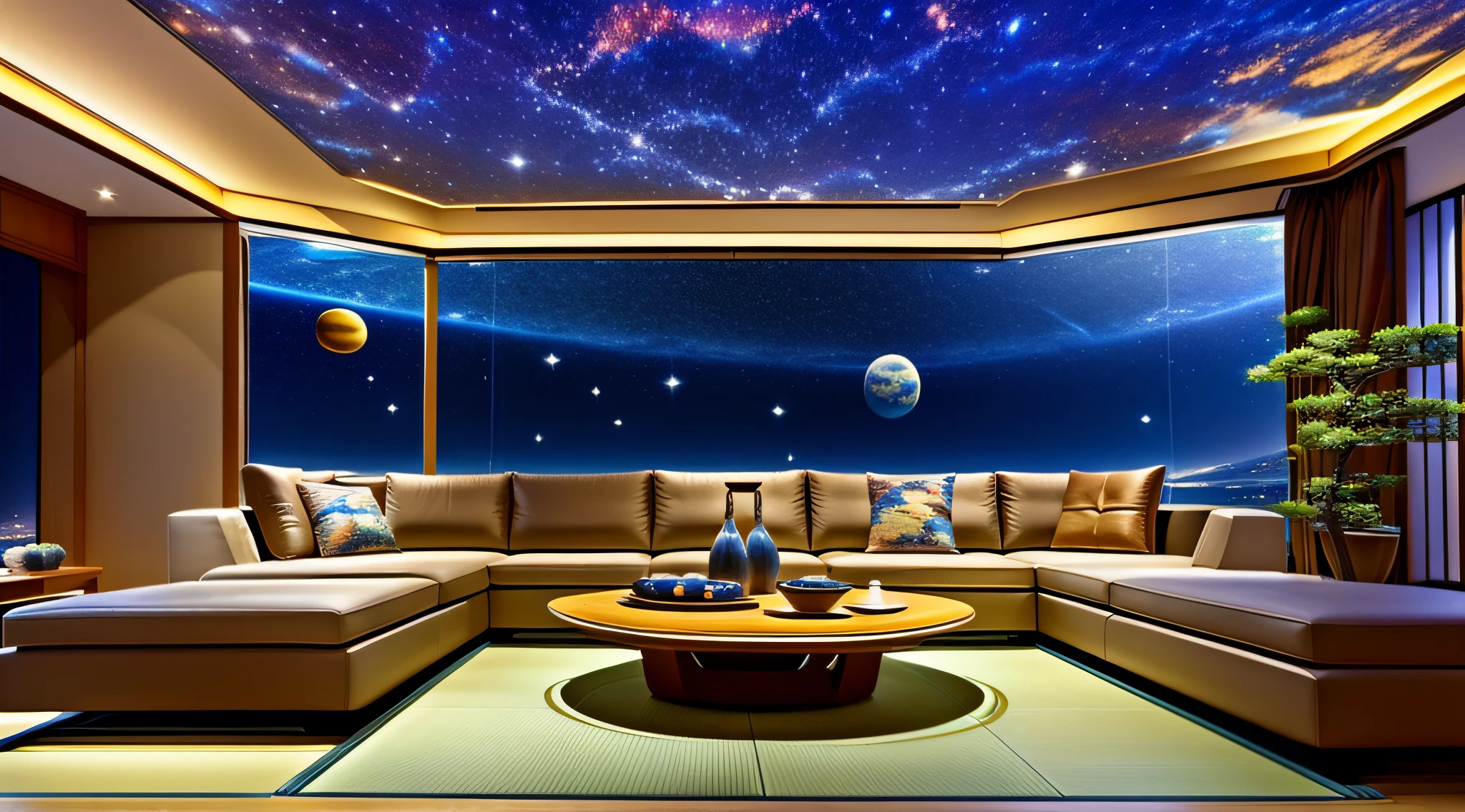 Modern living room design、The floor and ceiling are transparent so that you can see outer space.、A Japanese style、jpn、cosmic space、​masterpiece、realisitic、８K、LAW