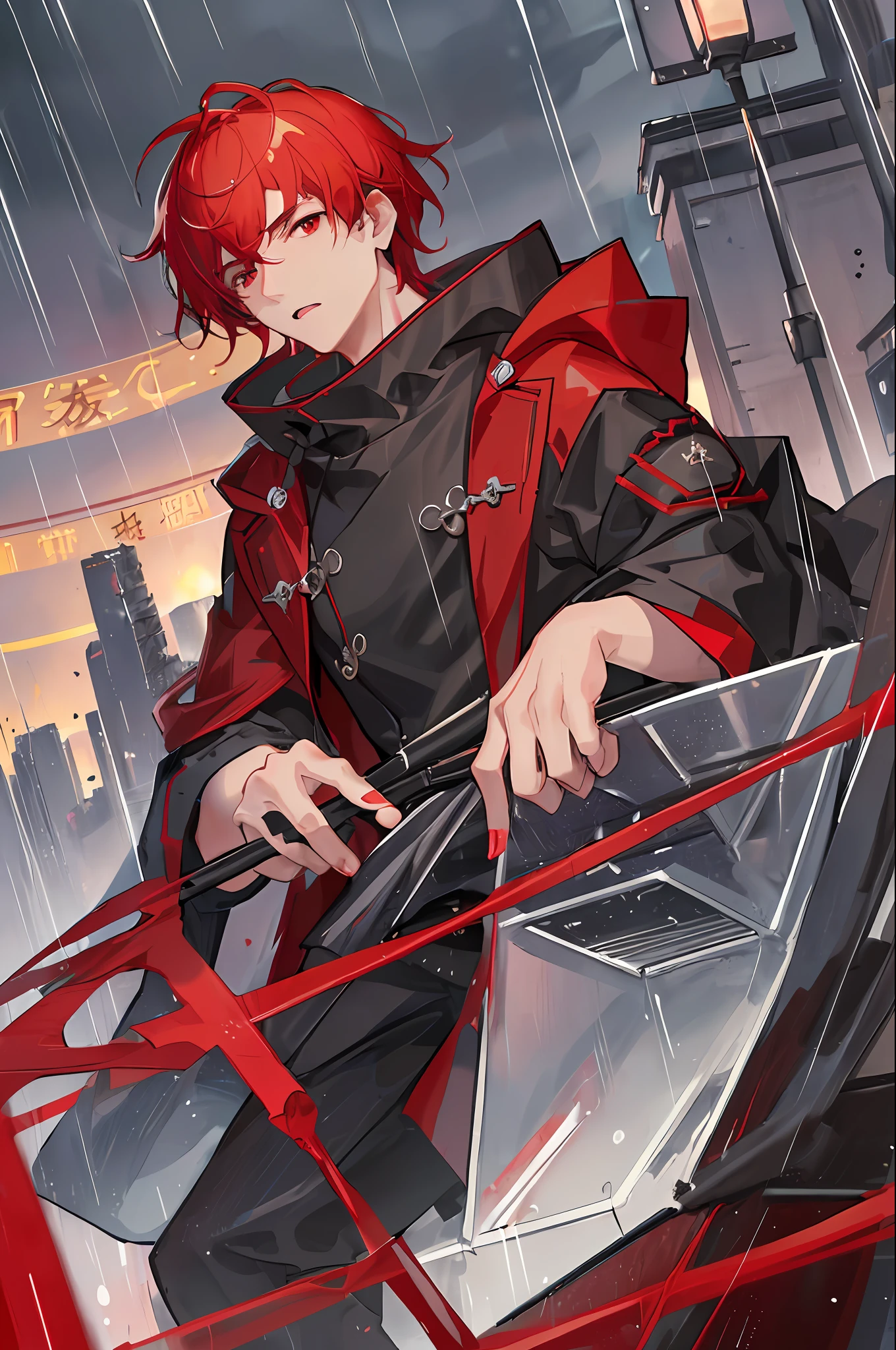 Best quality, More details, Mastery, 1boy , Male focus, Red eyes, Solo, bangs, view the viewer, Hood, Short hair, rain, tokyo tokyo \(City\),Nail polishing,whaite hair,luxury goods,8K,the detail,Ray traching,depth of fields,电影灯光,