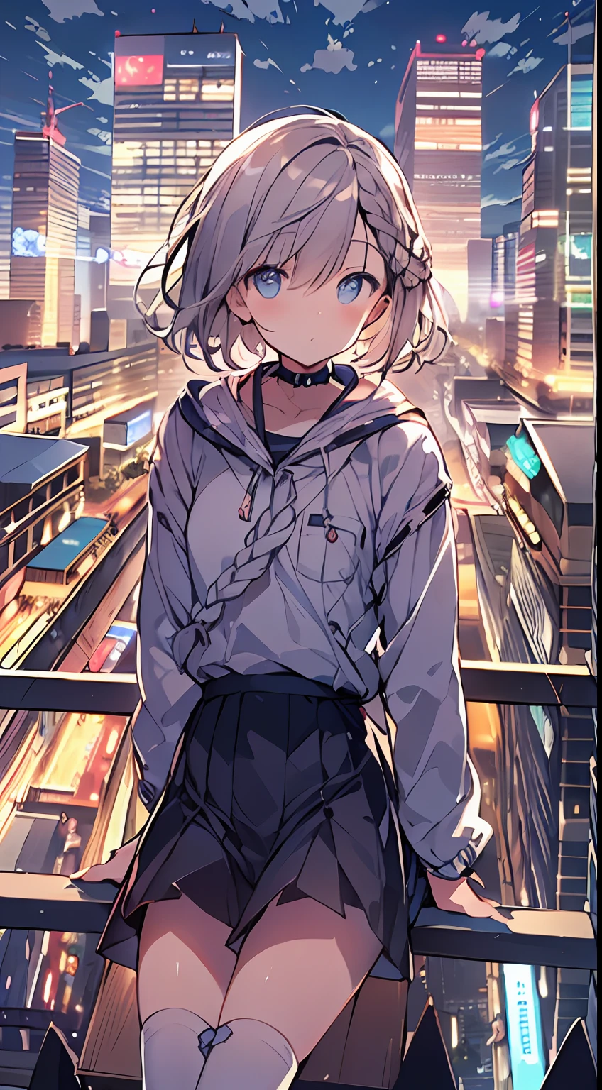 masutepiece, Best Quality,Illustration, Wallpaper, Ultra Detail, absurderes, 1loli, Solo, (Medium short hair、short braided hair), Beautiful detailed eyes , (Street), luminous sky,(a panoramic view:1.3),(Sense of depth:1.5),(longshot:1.3)
