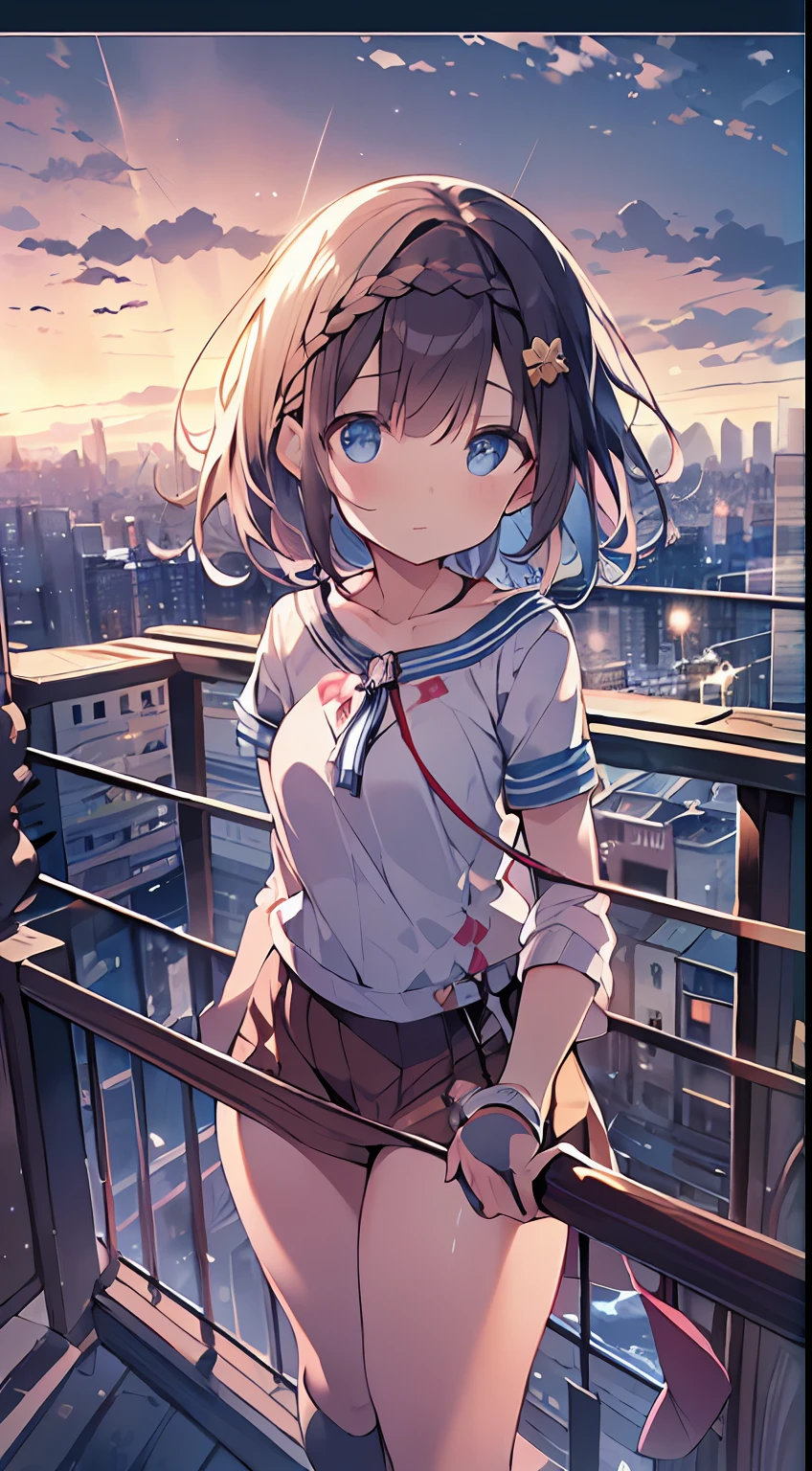 masutepiece, Best Quality,Illustration, Wallpaper, Ultra Detail, absurderes, 1loli, Solo, (Medium short hair、short braided hair), Beautiful detailed eyes , (Street), luminous sky,(a panoramic view:1.3),(Sense of depth:1.5),(longshot:1.3)