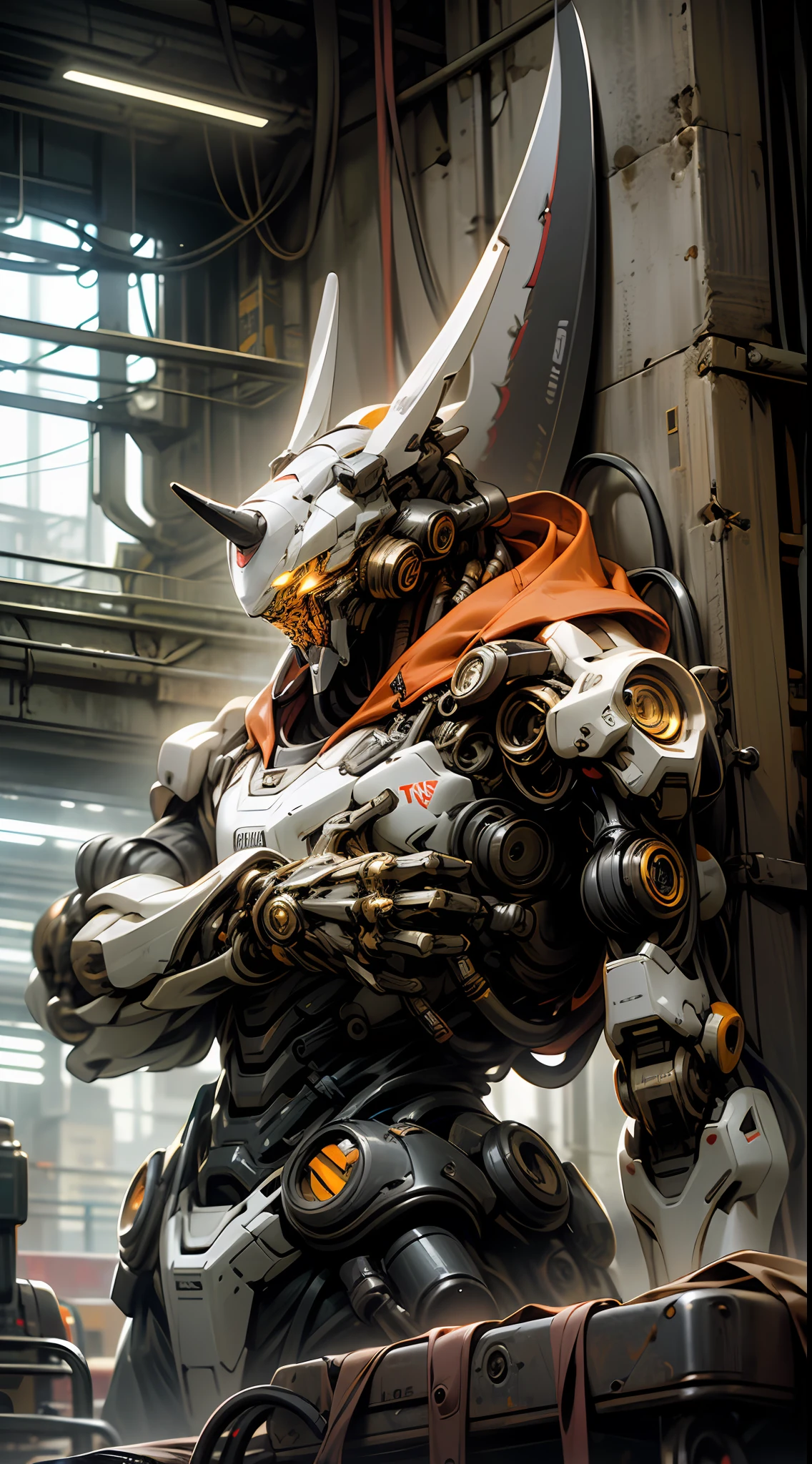 In the city，A tall building，solo person，Mechanical body，Hold a knife in your hand，glowing light eyes，Orange Mech，sci-fy，Neon light，cyber punk perssonage，8k wallpaper，Hyper-detailed work，Cinematic lighting，废墟，holdingweapon，There are no humans，Dark_fantasy,Cyberpunk,(Chainsaw,chainsawman,Red:1.1),1人,Mechanical Wonder,Robotic presence,cybernetic guardians,Wearing a shabby mech suit，iintricate，（Steel metal[Rust]），ellegance，Clear focus，Photo by Greg Rutkowski，Soft lights，vivd colour，tmasterpiece，（（Streets）），cow boy shot，dynamicposes，