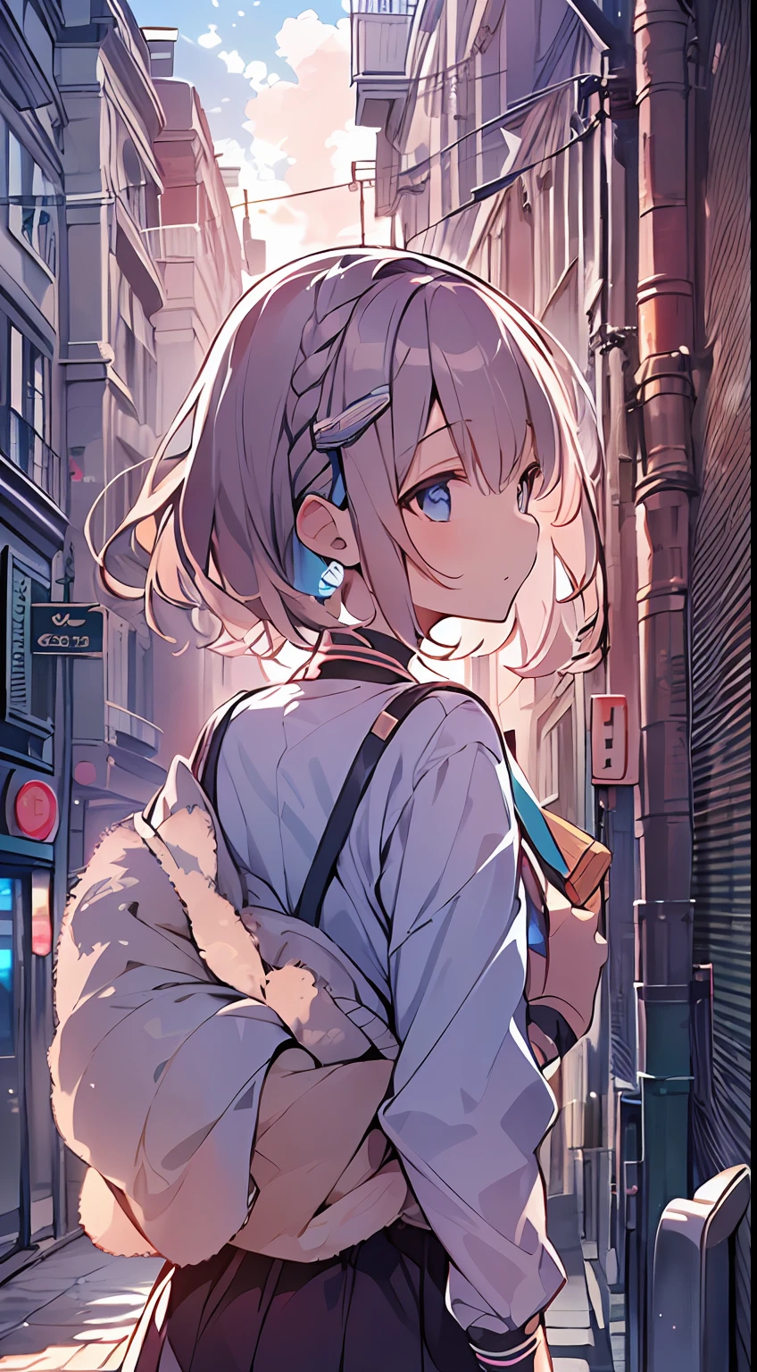 masutepiece, Best Quality,Illustration, Wallpaper, Ultra Detail, absurderes, 1loli, Solo, (Medium short hair、short braided hair), Beautiful detailed eyes , (Street), luminous sky,(a panoramic view:1.3),(Sense of depth:1.5),(longshot:1.3)