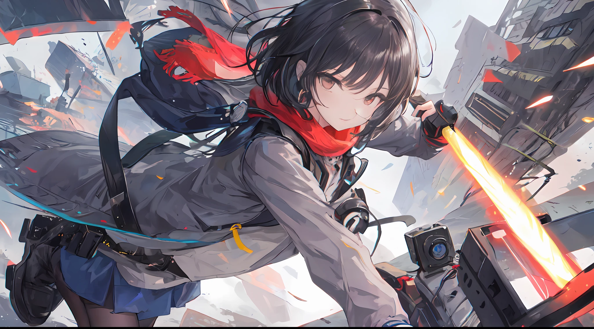 ((high qulity)), ((tmasterpiece)), 8K, Girls, bulletproof vest, llight rays, the Extremely Detailed CG Unity 8K Wallpapers, GameCG, looking at viewert, mitts, Boots, full bodyesbian, Wrist watch, Computer,Masks，UAVs，handheldweapons，Earphone，jaket，Bao，backpacks，Ark of tomorrow style，White trench coat，Black scarf，with short white hair，Issuing，The sword，Yellow armbands，Yellow band，Black strap，blue stripe，red color eyes，