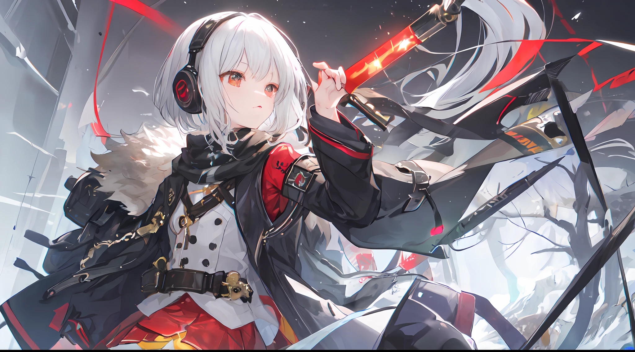 ((high qulity)), ((tmasterpiece)), 8K, Girls, bulletproof vest, llight rays, the Extremely Detailed CG Unity 8K Wallpapers, GameCG, looking at viewert, mitts, Boots, full bodyesbian, Wrist watch, Computer,Masks,UAVs,handheldweapons,Earphone,jaket,Bao,backpacks,Ark of tomorrow style,White trench coat,Black scarf,with short white hair,Issuing,The sword,Yellow armbands,Yellow band,Black strap,blue stripe,red color eyes,