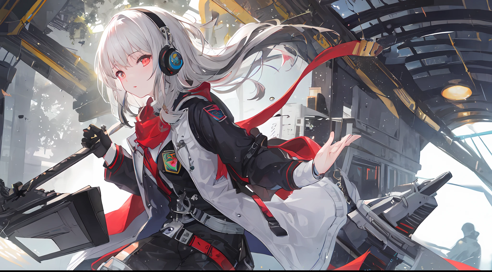 ((high qulity)), ((tmasterpiece)), 8K, Girls, bulletproof vest, llight rays, the Extremely Detailed CG Unity 8K Wallpapers, GameCG, looking at viewert, mitts, Boots, full bodyesbian, Wrist watch, Computer,Masks,UAVs,handheldweapons,Earphone,jaket,Bao,backpacks,Ark of tomorrow style,White trench coat,Black scarf,with short white hair,Issuing,The sword,Yellow armbands,Yellow band,Black strap,blue stripe,red color eyes,