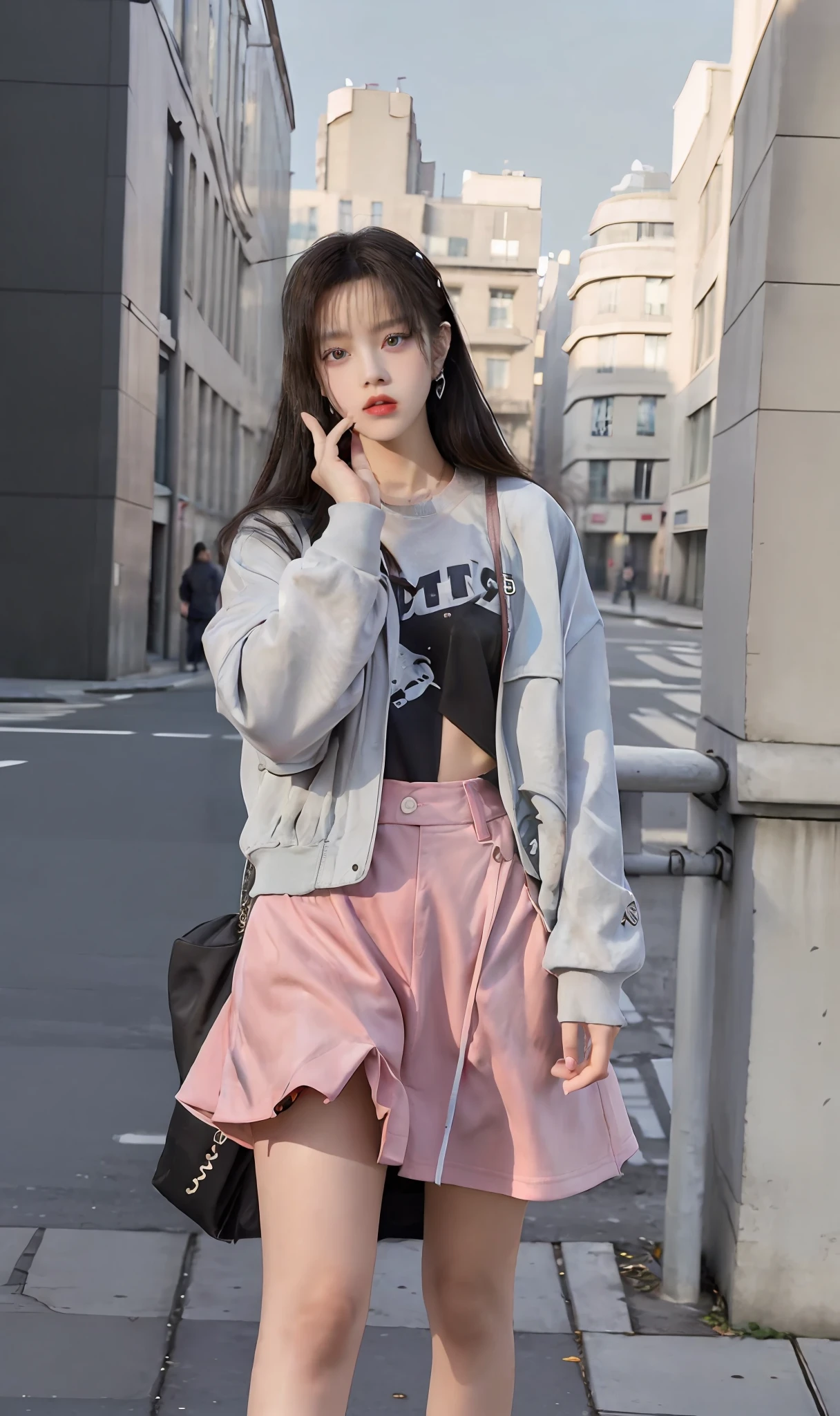 A woman in a skirt and jacket, lalisa manoban of blackpink,，She is seen wearing streetwear pieces, lofi girl aesthetic, Surrealism female students, dancing in the background, jisoo from blackpink, y 2 k style, Y2K style, y 2 k aesthetic, y2k aesthetic，Cute face，eye detailed，Delicate eyes，Realistis，hyper realisitc，vivaciousness，sexyposture，Urban streetscape，the city street，Blue，Sweatshirt，