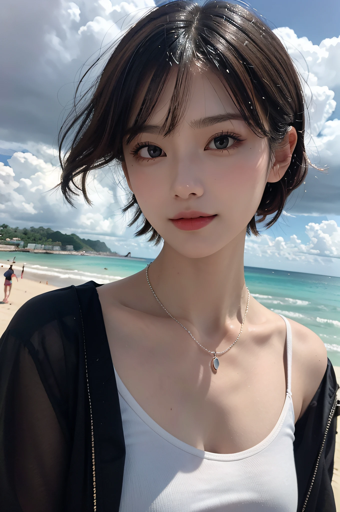 top-quality、​masterpiece、超A high resolution、portlate、Very wide lens、a closeup、perfect beautiful female、beautiful detailed eyes and face、Small Smile、Light brown short-cut hair、Small necklace、White sleeveless shirt、Cloudy beach、Heavy rain and strong winds、bao phan、No sunlight、dark sky、black clouds、