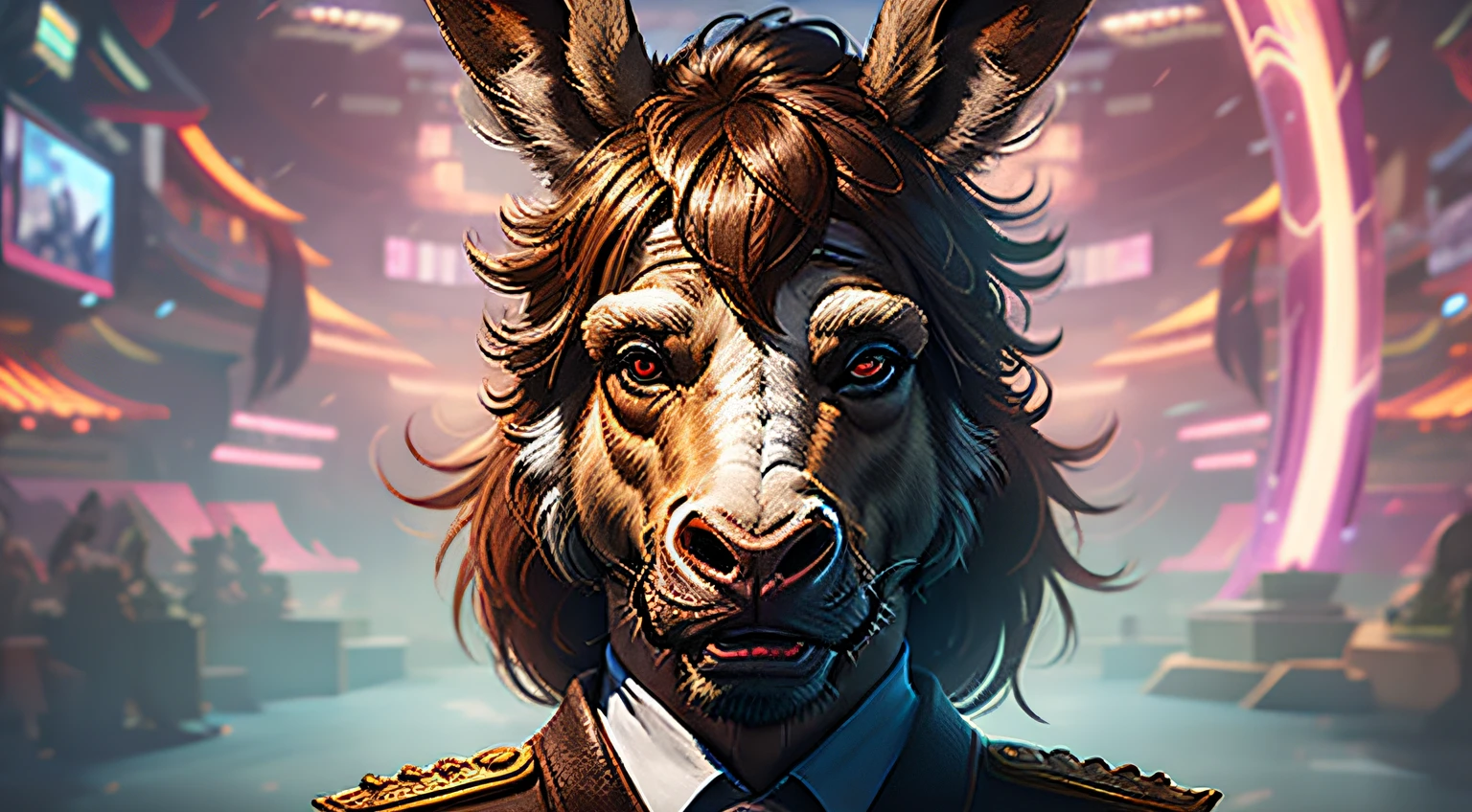 An anthropomorphic donkey dressed in an official uniform with a majestic expression