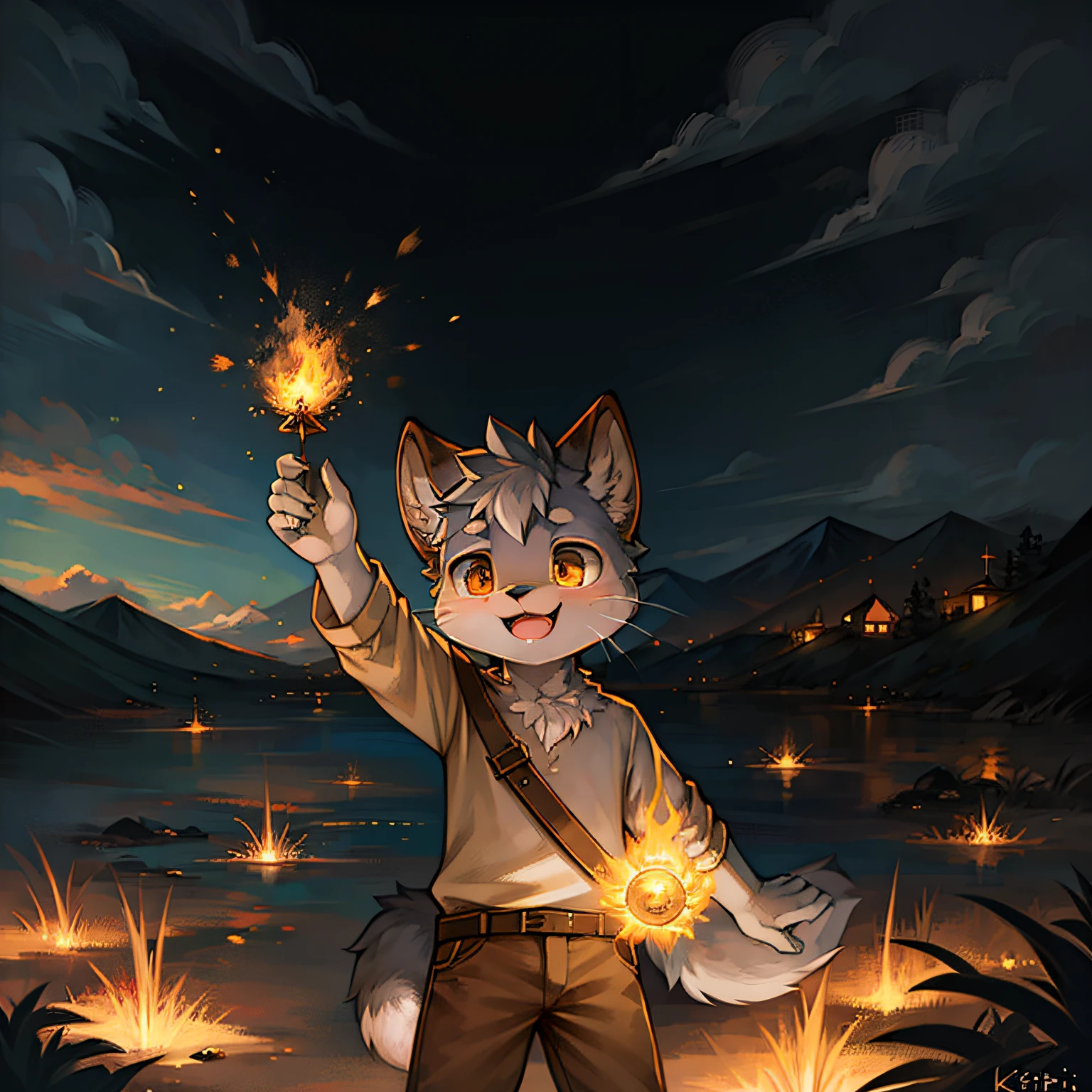 masterpiece, high quality landscape, realistic, anthro, furry, silver fur, (cub), (whiskers), child, solo boy, wearing burnt clothes, (laughing), full shot, ((magic)), shooting fireballs, (by kekitopu)