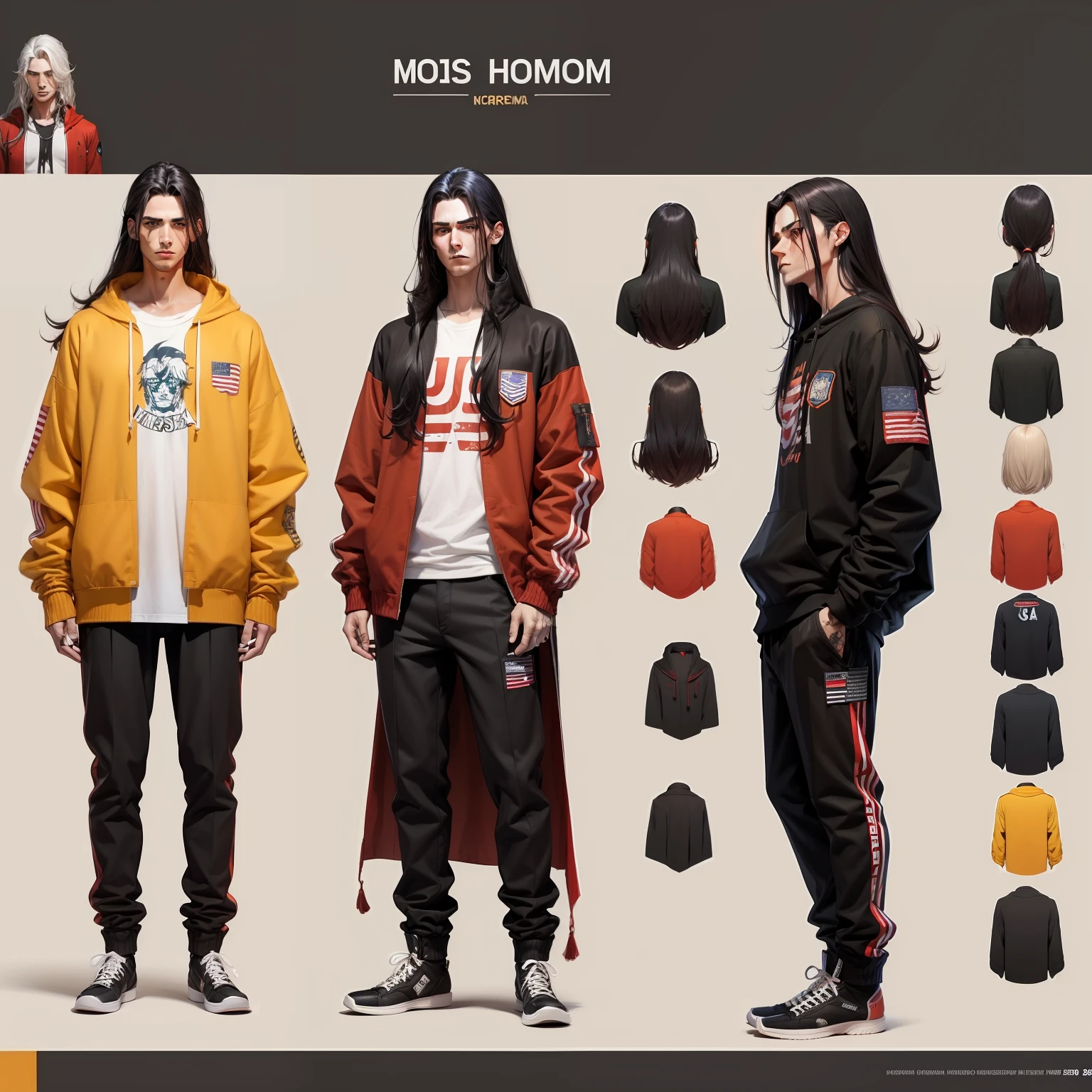 (personagem original) ((reference sheet)) homem de 20 anos, 175cm, long hair with black roots and red tips, corpo magro, serious face (((usa moletom amarelo))) style with black pants