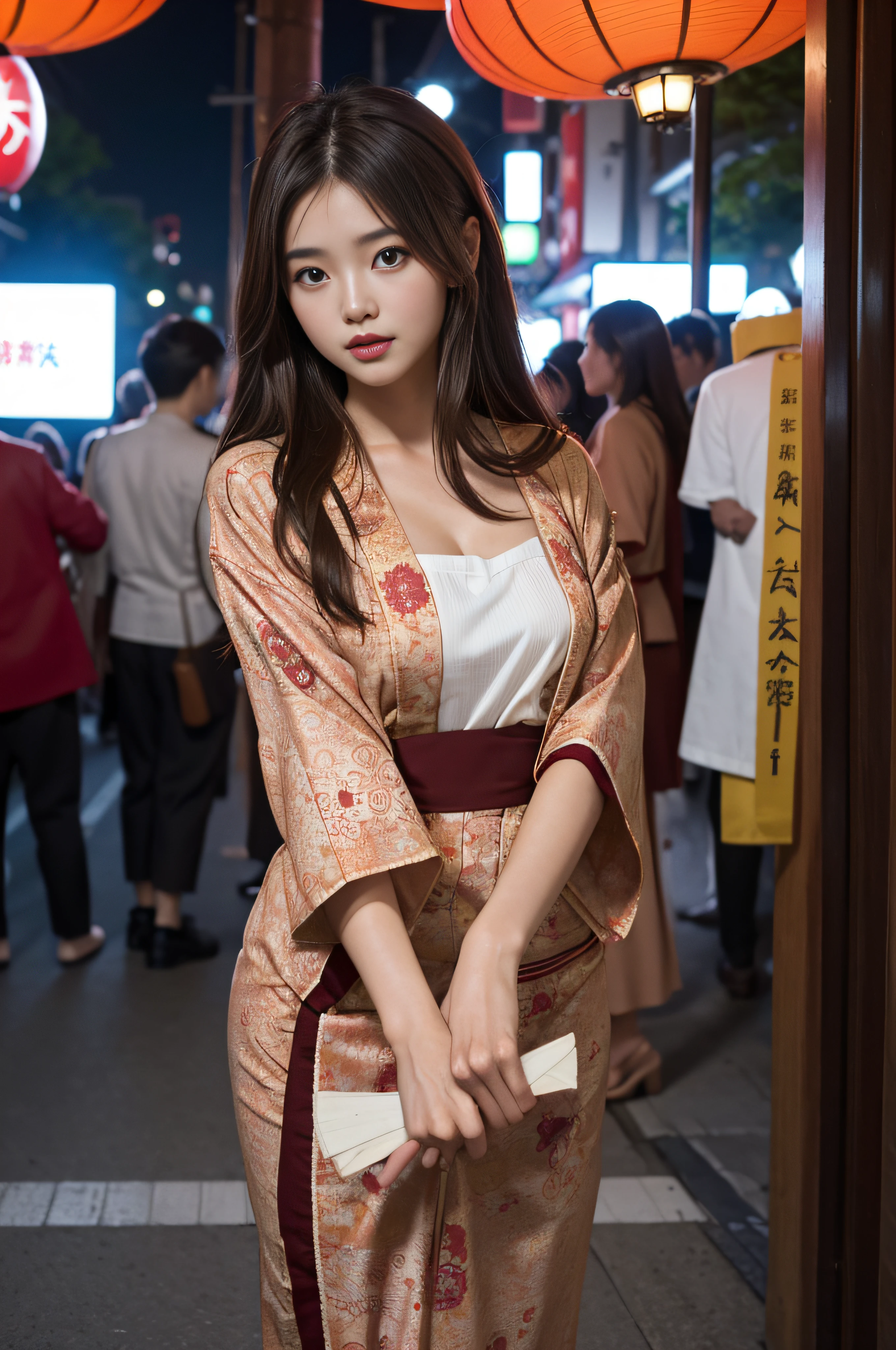 (8K、top-quality、masterpies:1.2)、Color Grading for Movies、back lighting、Brown hair、Brown hair gathered、Tied up brown hair、26-year-old beauty with half-Chinese Japan wearing beautiful red patterned yukata、walk、1girl in、Streets of Tokyo、Summer evening、A city scape、Uchiwa、fan、Brown hair that looks good in a yukata、F1.8、The upper part of the body、a closeup、8K、Raw photography、top-quality、​masterpiece、realisitic、Photorealsitic、