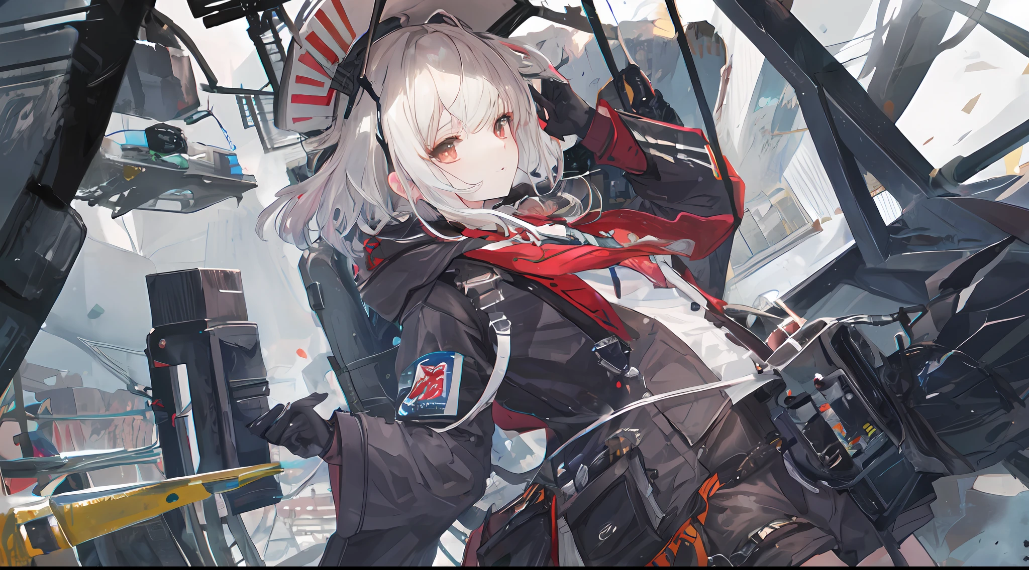 ((high qulity)), ((tmasterpiece)), 8K, Girls, bulletproof vest, llight rays, Extremely detailed CG Unity 8K wallpaper, GameCG, looking at viewert, mitts, Boots, full bodyesbian, Wrist watch, Computer,Masks，UAVs，handheldweapons，Earphone，jaket，Bao，backpacks，Ark of tomorrow style，White trench coat，Black scarf，with short white hair，Issuing，The sword，yellow armband，Yellow band，Black strap，blue stripe，red color eyes，