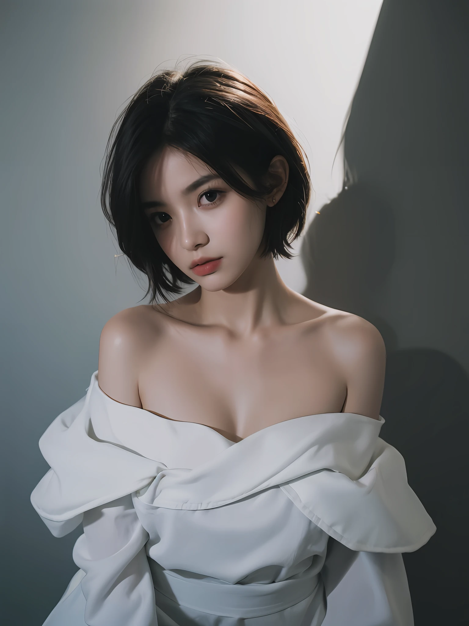 Best quality, masterpiece, ultra high res, (photorealistic:1.5), raw photo, 1girl, offshoulder, in the dark, deep shadow, low key, cold light, sexy look, short hair