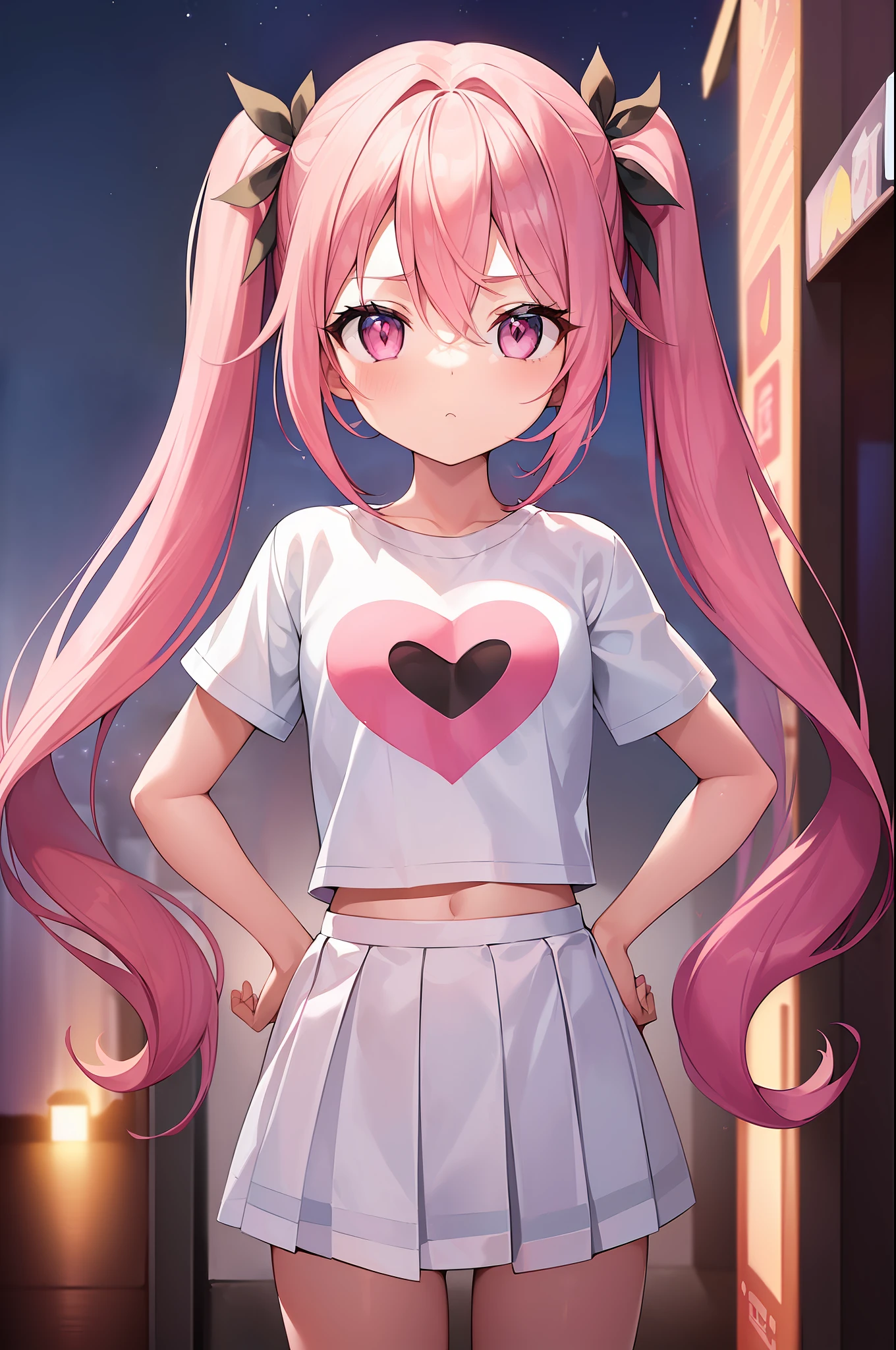 1girl. pink hair.long hair.twintails.{}.(short stature).small breast.white t-shirts.skirt. (((masterpiece))).(((best quality))).)((ultra-detailed))).(((illustration))). (((put your hands on your hips))).(((night view))).(((Heart on chest))).make a fist.