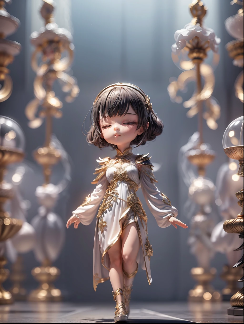 (Blind box toy style:1.2), (Full body shot) , 1 Cute female metal dancer, Delicate metal robes, Baroque style, dreamy glow, Clean, Black draft,White gold style， ( Global illumination, Ray traching, hdr, unreal render,reasonable design, high detal, Masterpiece, Best quality, hyper HD, Cinematic lighting)