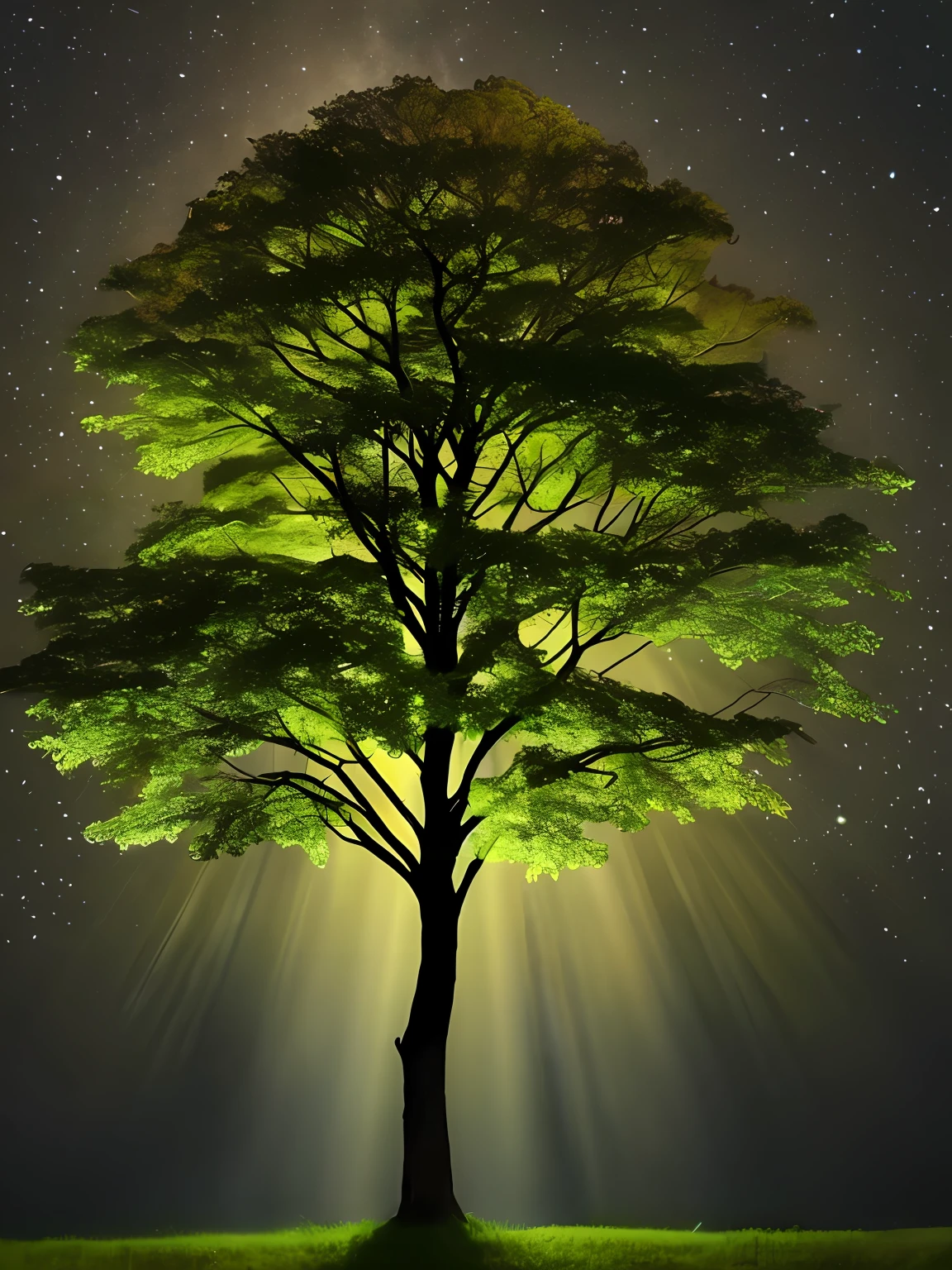 A tree standing alone in the dark,It emits a green glow