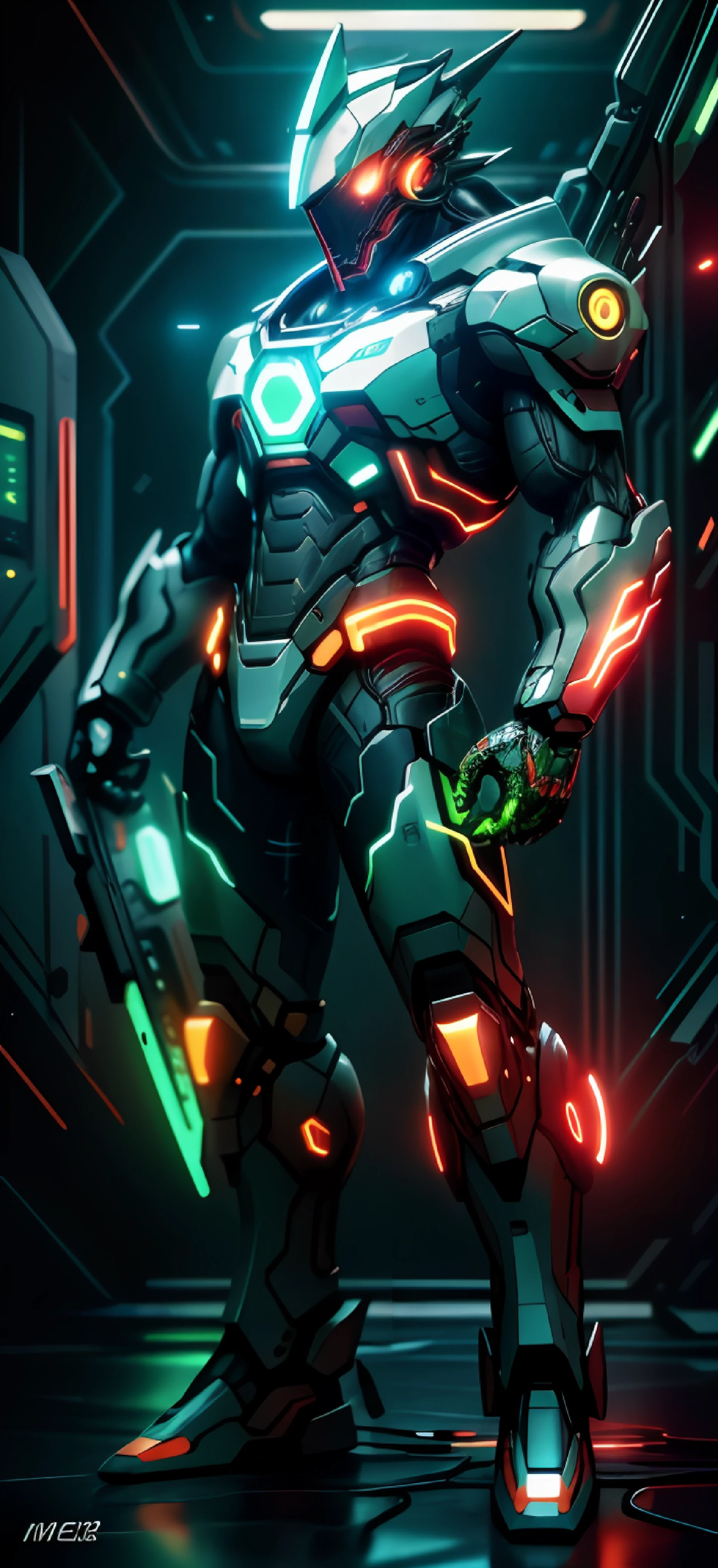 realistic,shiny,reflective,bioluminic, galactic cybernetic mask,mecha,(executioner:1.2),cloak,sh4g0d,GlowingRunes_red,full body,cinemnatic, red scheme background,backlight,high contrast, futuristic, high technology, ((green neon light)), ((4 cycles on suit)), ((silver suit)), full light room,