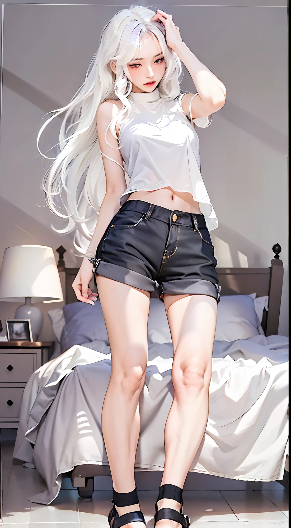 denim black shorts, white long hair, (((soft skin))), (((delicate skin))), (((white skin, alone, solo, pale skin))), white sweater, navel, bare stomach, black shorts, bedroom, (((correct perspective))), purple eyes