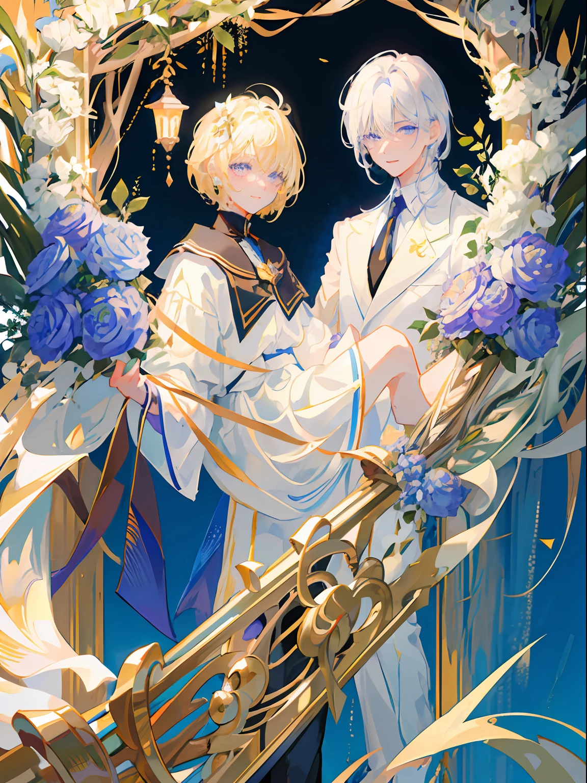 ((Masterpiece: 1.2, top quality)), ((2 men)), short blond hair, blue eyes (handsome: 1.4), white suit, uniform, royalty, tough black knight, short black hair, golden eyes, scar on right eye, black armor, fantasy, forest, blooming flowers, sunlight, fantastic light and shadow, landscape, highly detailed face, portrait, smile