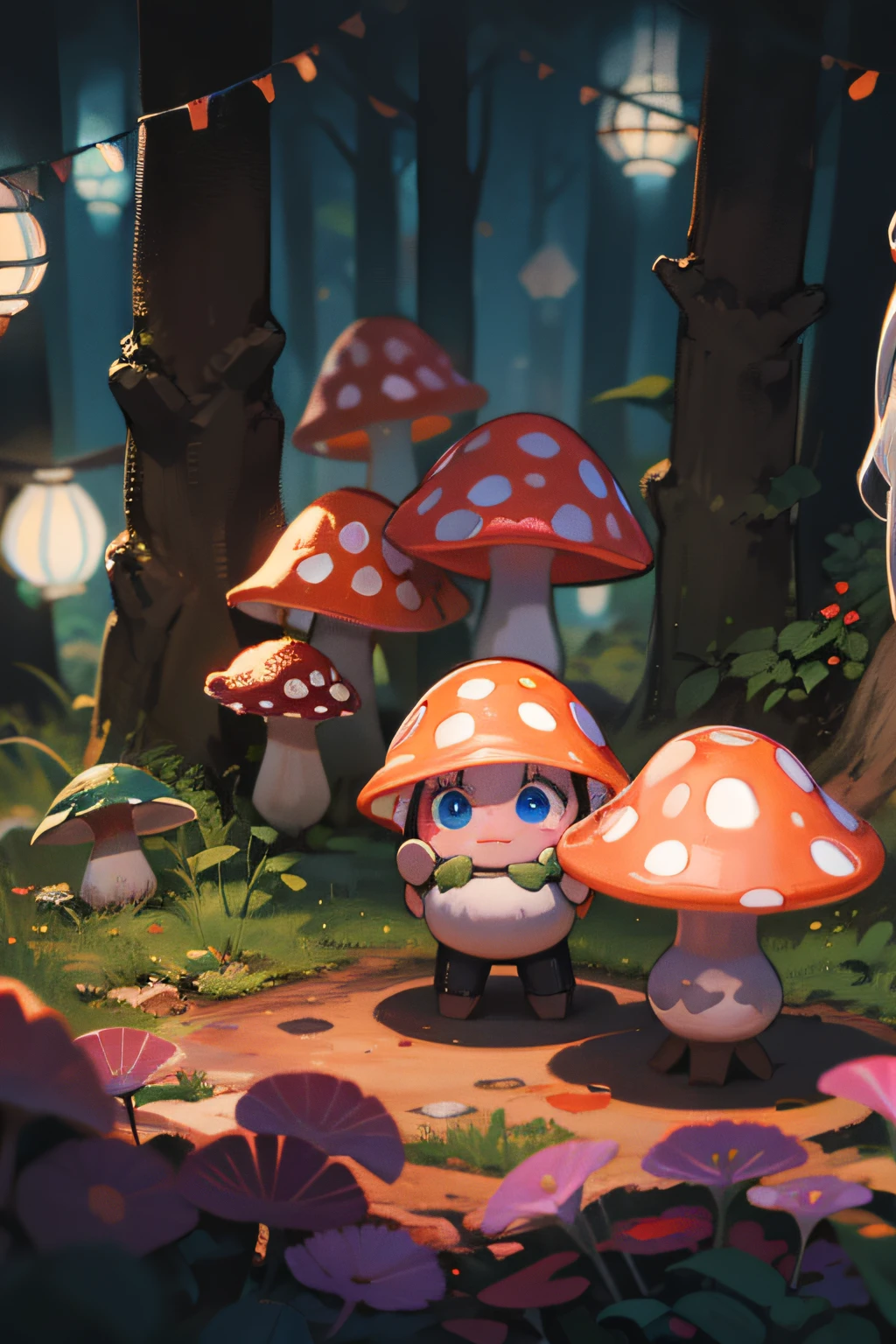 Fun, Cute forest mushrooms、 Movie Lighting,Looking at the camera