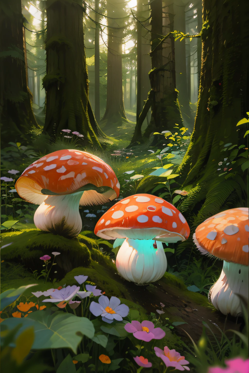 Fun, Cute forest mushrooms、 Movie Lighting,Looking at the camera