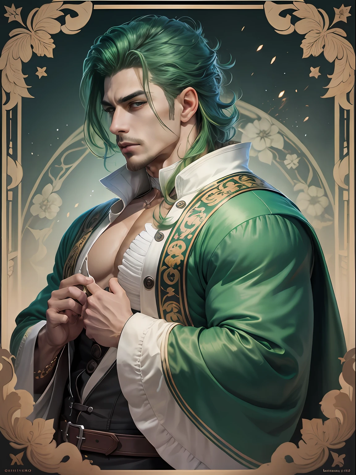 Arafed macho com cabelo verde, retrato masculino da fantasia, masculino bonito, Um retrato de um mago masculino, trending in the artstation, Cute androgen prince, Green-haired prince wizard, casimiro arte, um mago macho, Rio Masculino, cara bonito na arte demon slayer, Skinny Masculino Fantasia Alquimista, personagem de fantasia hiperdetalhado, arte do personagem masculino humano. pele morena, moreno, homem moreno, cabelo verde, roupa grande, roupa cobrindo corpo, roupa de mago, roupa de mago, mago, serious face, olhar reto, fundo de natureza, homem moreno, cor de pele morena, moreno, homem moreno de cabelo verde