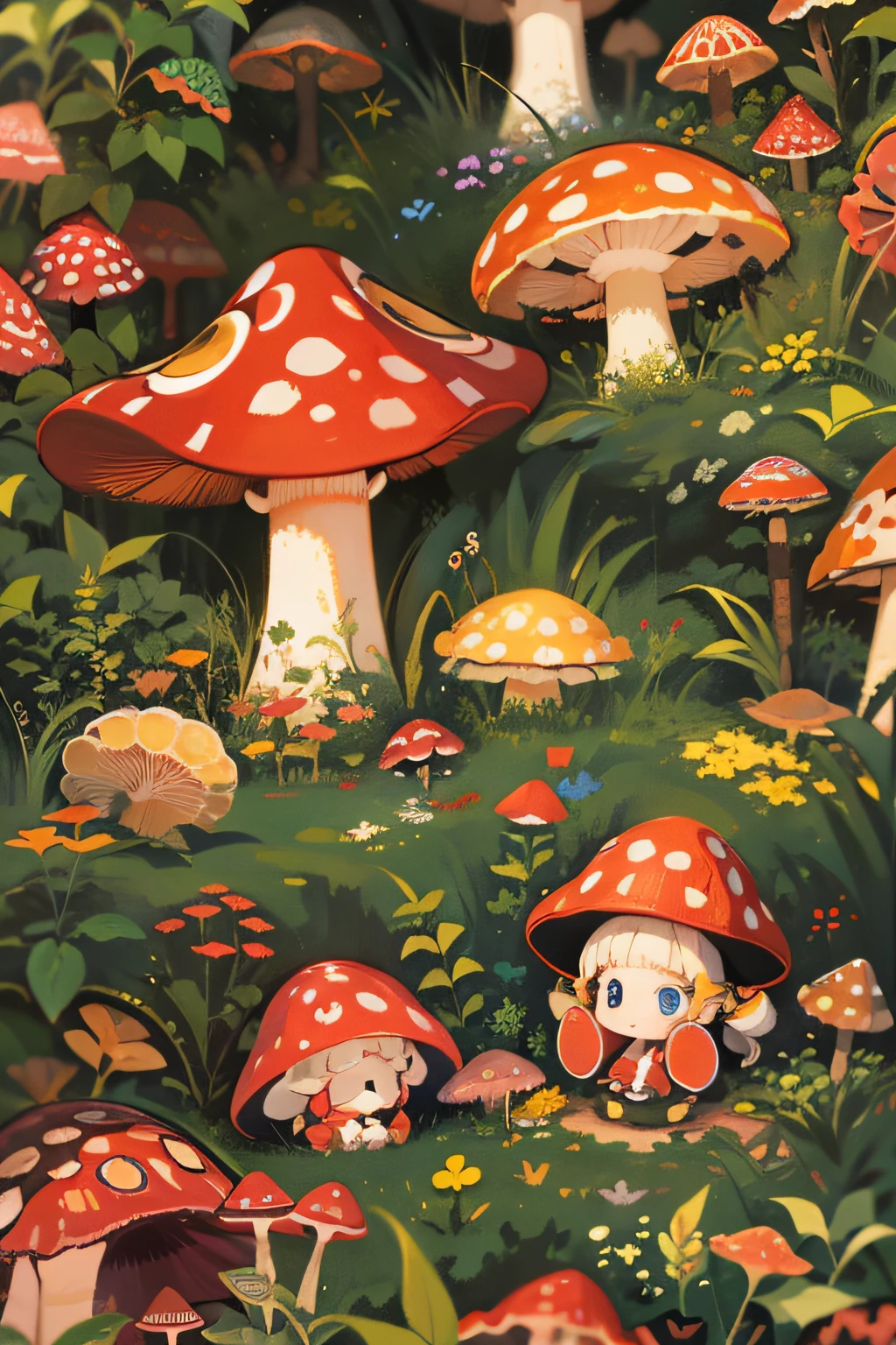Fun, Cute forest mushrooms、 Movie Lighting,Looking at the camera