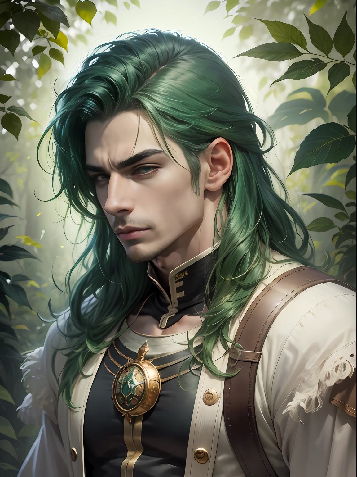 Arafed macho com cabelo verde, retrato masculino da fantasia, masculino bonito, Um retrato de um mago masculino, trending in the artstation, Cute androgen prince, Green-haired prince wizard, casimiro arte, um mago macho, Rio Masculino, cara bonito na arte demon slayer, Skinny Masculino Fantasia Alquimista, personagem de fantasia hiperdetalhado, arte do personagem masculino humano. pele morena, moreno, homem moreno, cabelo verde, roupa grande, roupa cobrindo corpo, roupa de mago, roupa de mago, mago, serious face, olhar reto, fundo de natureza