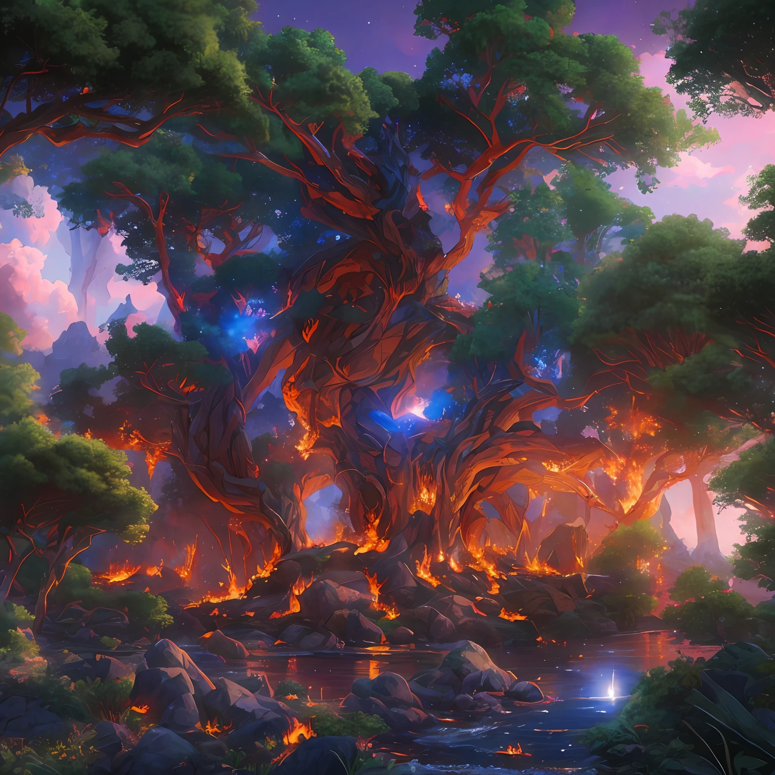 The whole body of a giant crystal tree、Red sky、Burning flames、the fire、Wood burns、Dragon Attack、The tree々Burning、very detailed and magical lighting、Details of the complex forest、Vegetation and rivers、Solarpunk、landscapes、massive trees、Beautiful blue with beautiful lighting and realistic proportions々with the、It's like a movie background、8K、top-quality、masterpiece、Who is on、stars on sky、The one who runs away々
