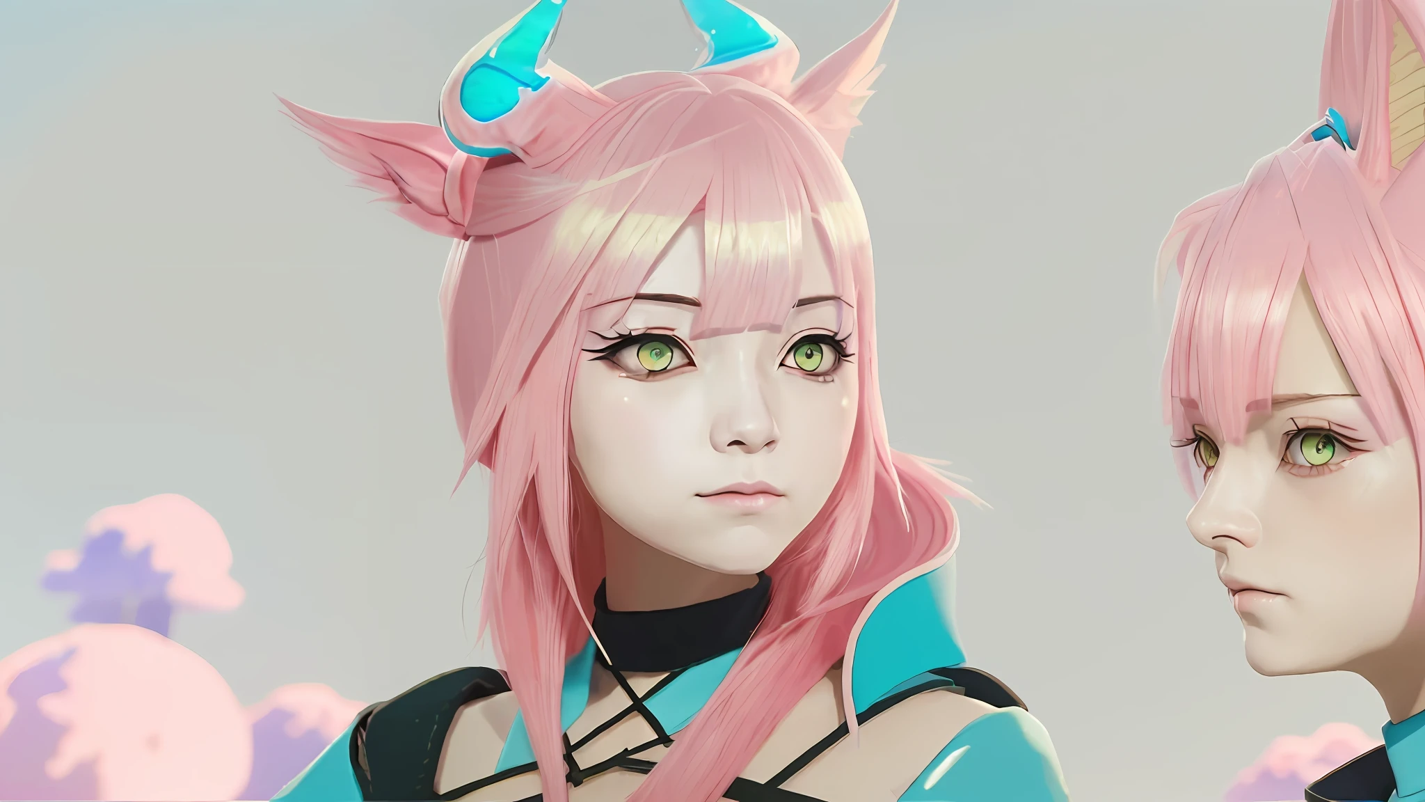 Anime characters with pink hair and horns standing side by side, pink twintail hair and cyan eyes, Rendu portrait 8k, character close up, close up character, final fantasy 14 style, Close-up of people, Soft portrait shot 8 K, [ 4 K photorealism ], cinematic shot ar 9:16 -n 6 -g