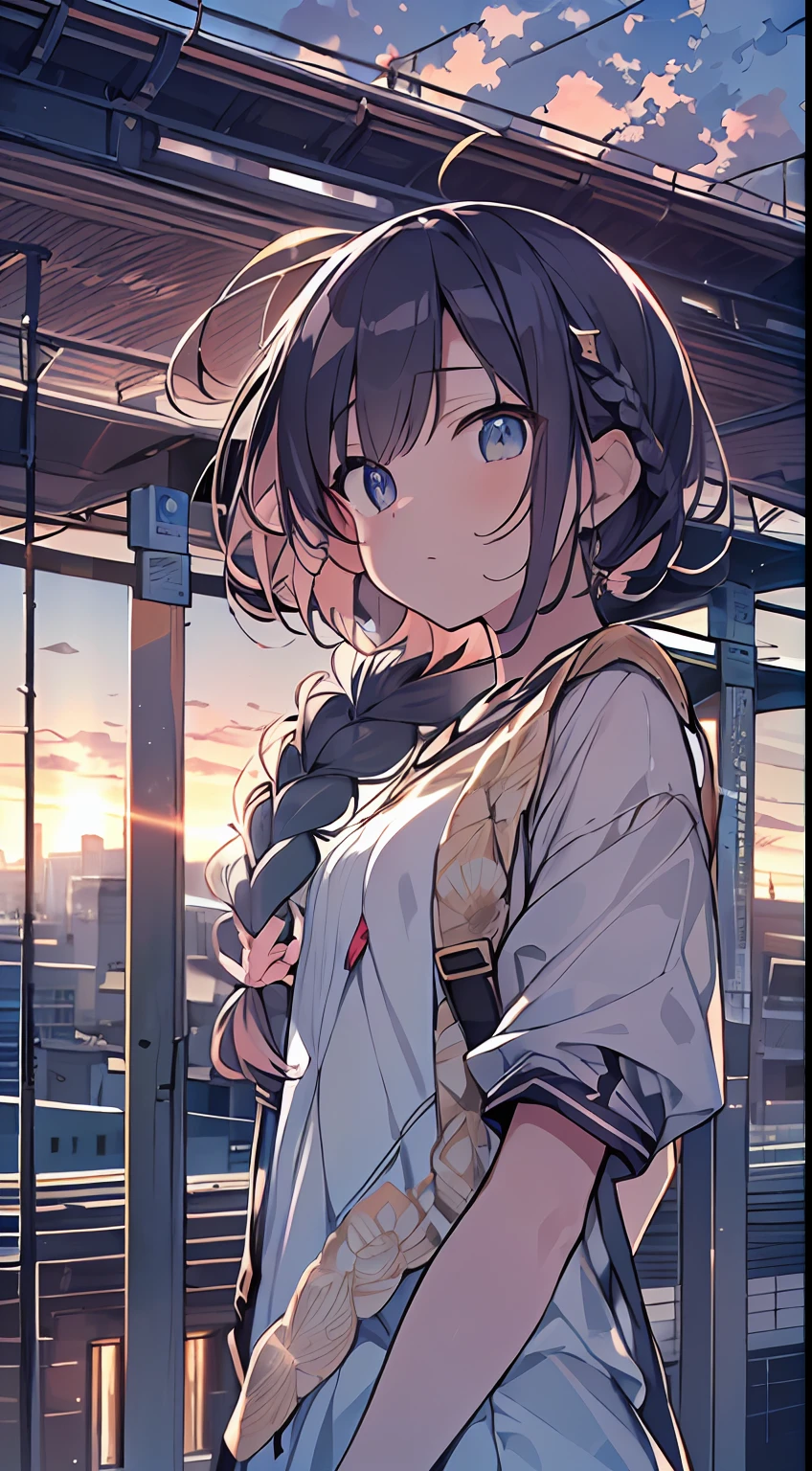 masutepiece, Best Quality,Illustration, Wallpaper, Ultra Detail, absurderes, 1loli, Solo, (Medium short hair、short braided hair), Beautiful detailed eyes , (Street), luminous sky,(a panoramic view:1.3),(Sense of depth:1.5),(longshot:1.3)