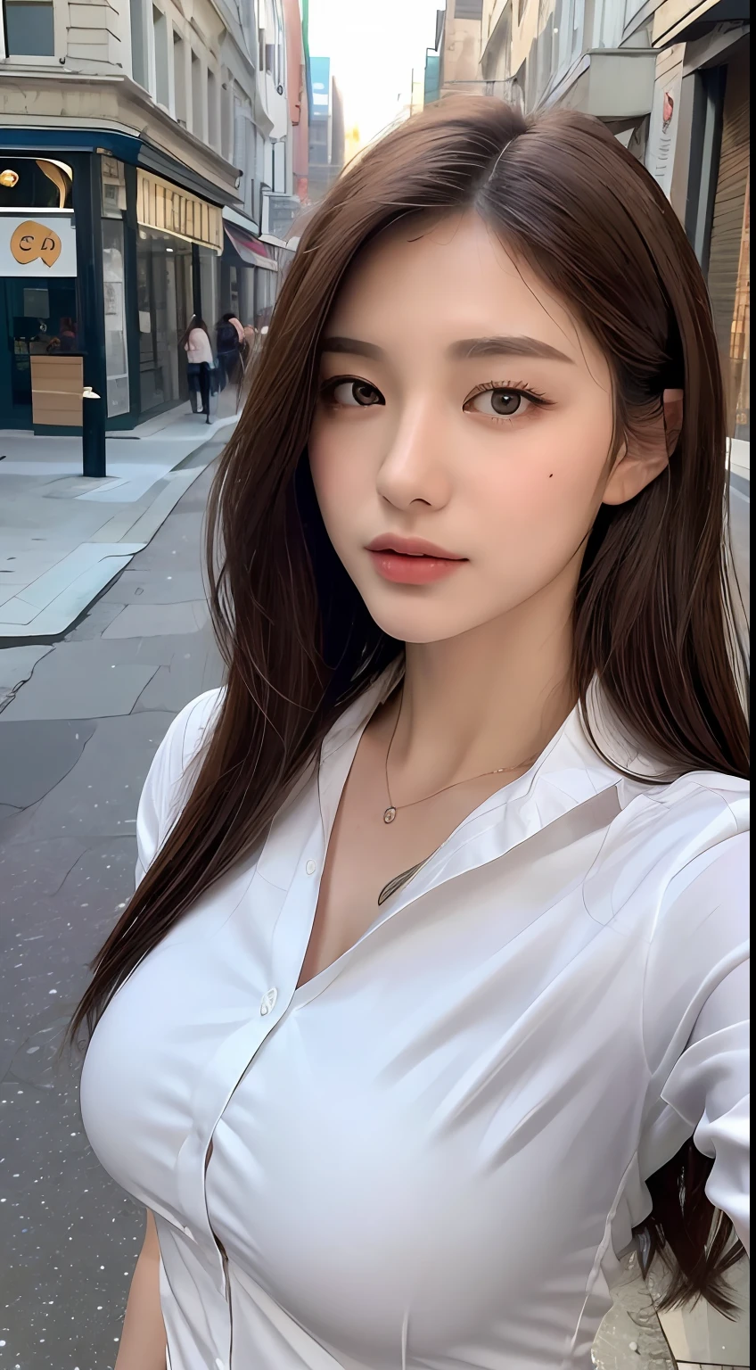 ((Best quality, 8k, Masterpiece :1.3)), Sharp focus :1.2, A pretty woman with perfect figure :1.4, Slender abs :1.2, ((Dark brown hair, Big breasts :1.2)), (White button up long shirt :1.1), City street:1.2, Highly detailed face and skin texture, Detailed eyes, Double eyelid