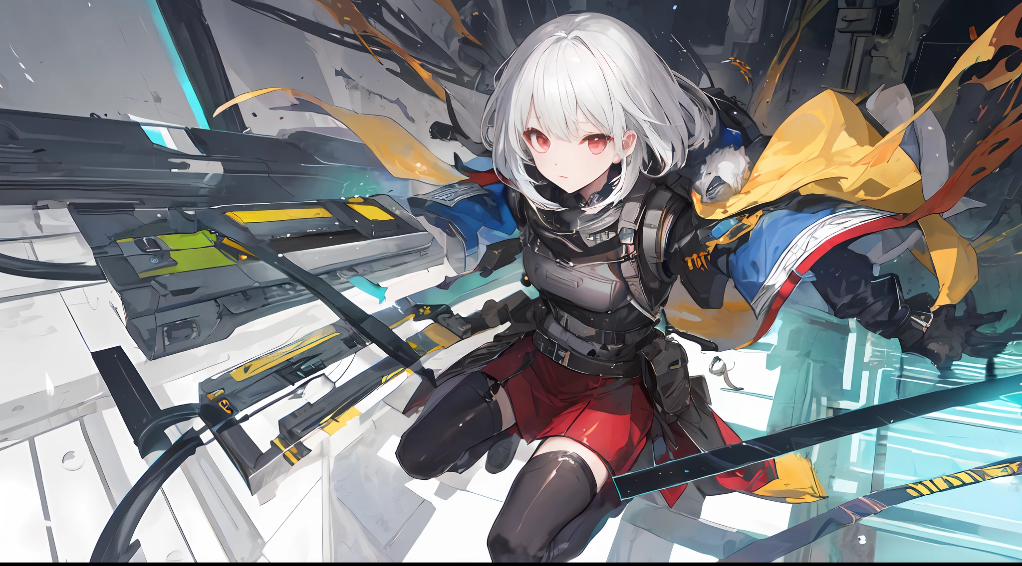 ((high qulity)), ((tmasterpiece)), 8K, Girls, bulletproof vest, llight rays, Extremely detailed CG Unity 8K wallpaper, GameCG, looking at viewert, mitts, Boots, full bodyesbian, Wrist watch, Computer,Masks，UAVs，handheldweapons，Earphone，jaket，Bao，backpacks，Ark of tomorrow style，White trench coat，Black scarf，with short white hair，Issuing，The sword，yellow armband，Yellow band，Black strap，blue stripe，red color eyes，The sword，Firearms