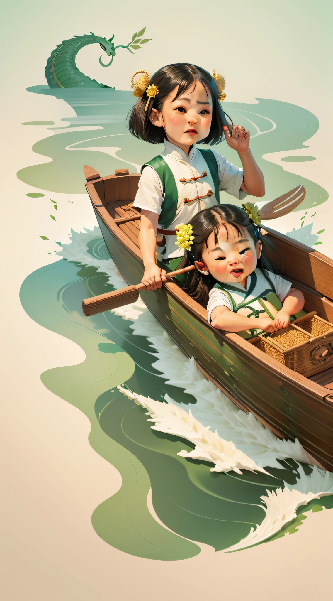 Dragon Boat Festival Poster。A super happy and cute ancient Chinese ***********，rowing，phragmites，Dragon boating，brightened light，Green and light yellow tones，Abstract picture，ultra-realistic realism，Clear background trends，clear contour light，Mottled light flat illustration，Disney  style