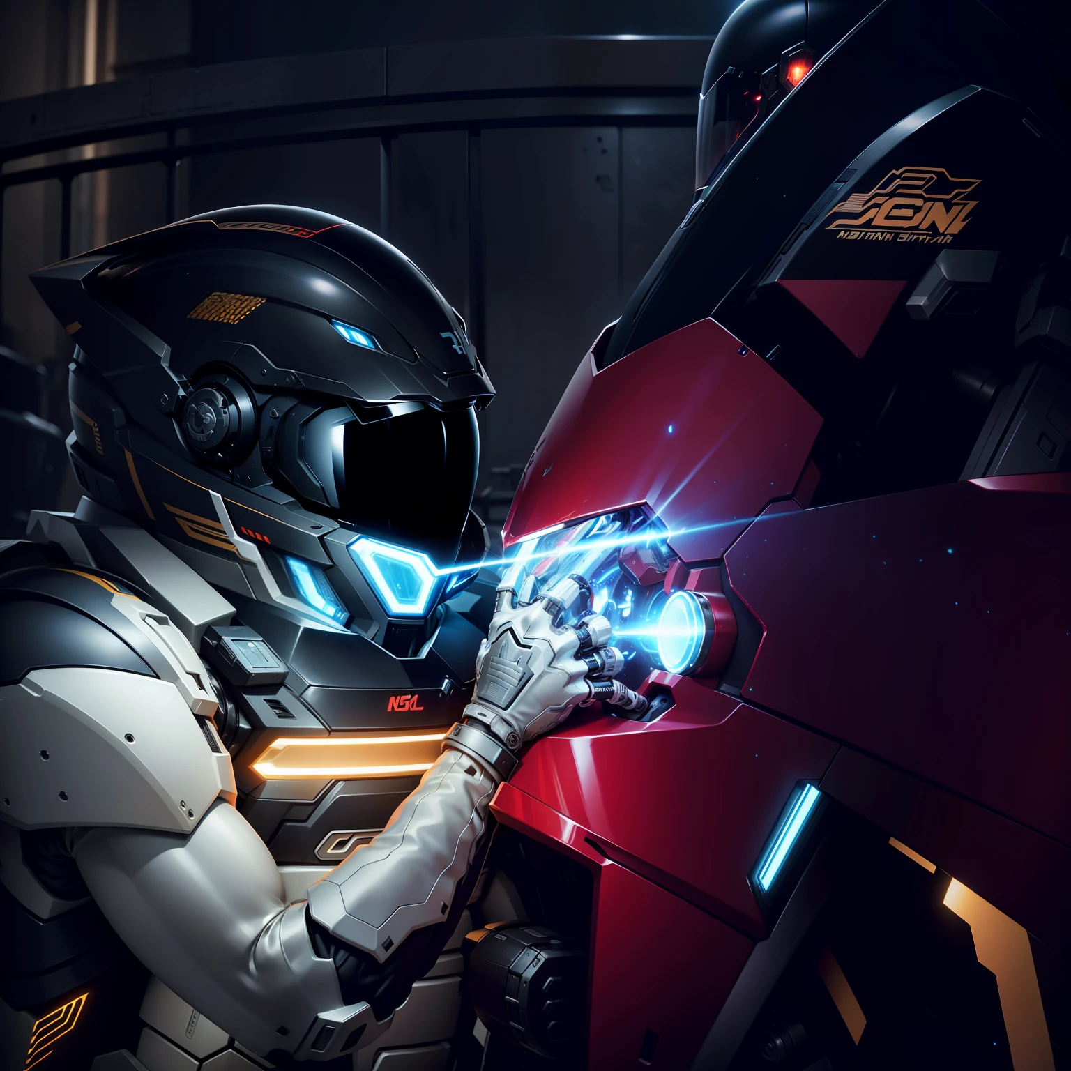Handsome network, Handsome warrior, Full body mecha，Information mechanical motorcycle，High-tech black high-tech helmet，Nousr， Biomechanicals， MSHN Robot Man，High-tech helmet，hyper realisitc， Steel， Complex design， insanely details， finely detailled， Extremely clear lines， cinmatic lighting， photograph realistic， A detailed masterpiece