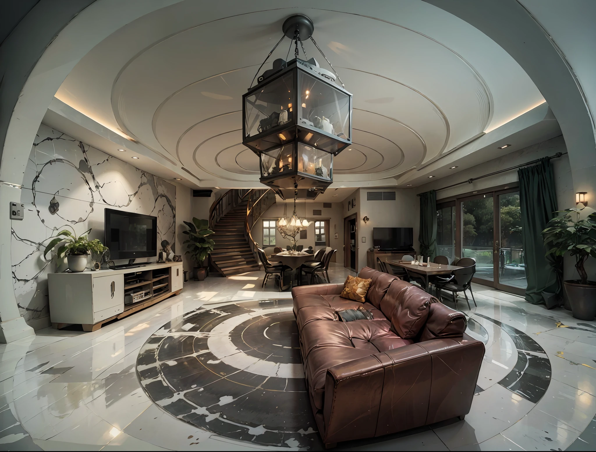 Crazy detailed wide angle architectural photography，cozy contemporary living room，Interspersed with lights and shadows，Award-winning contemporary interior design，buliding，furniture，inside in room，buliding，liveroom，sobu，carpets，a plant，Home décor，sofe，a chair，Two storey living room，art-deco，Interior architecture，Glowing light，first person perspective，wide wide shot，in a panoramic view，135mm，UHD，high detal，8k，A high resolution