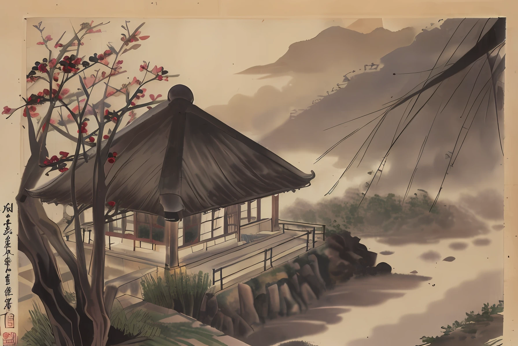 early evening,Gangnam Courtyard,hallways,peach blossom,Eaves view,dimly lit,Dry branches,thin fog,Sense of age,Tilt view,Subject framing,Very obvious details,largeaperture,Small lake,small boats,eaves,废墟